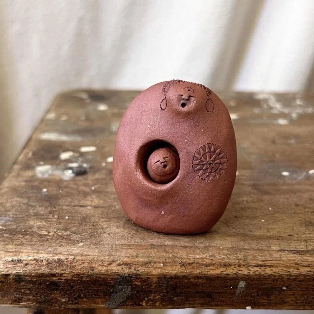 Vintage Bell Pine Art Farm Mother Goddess & Baby Handmade Clay Folk Art Figurine