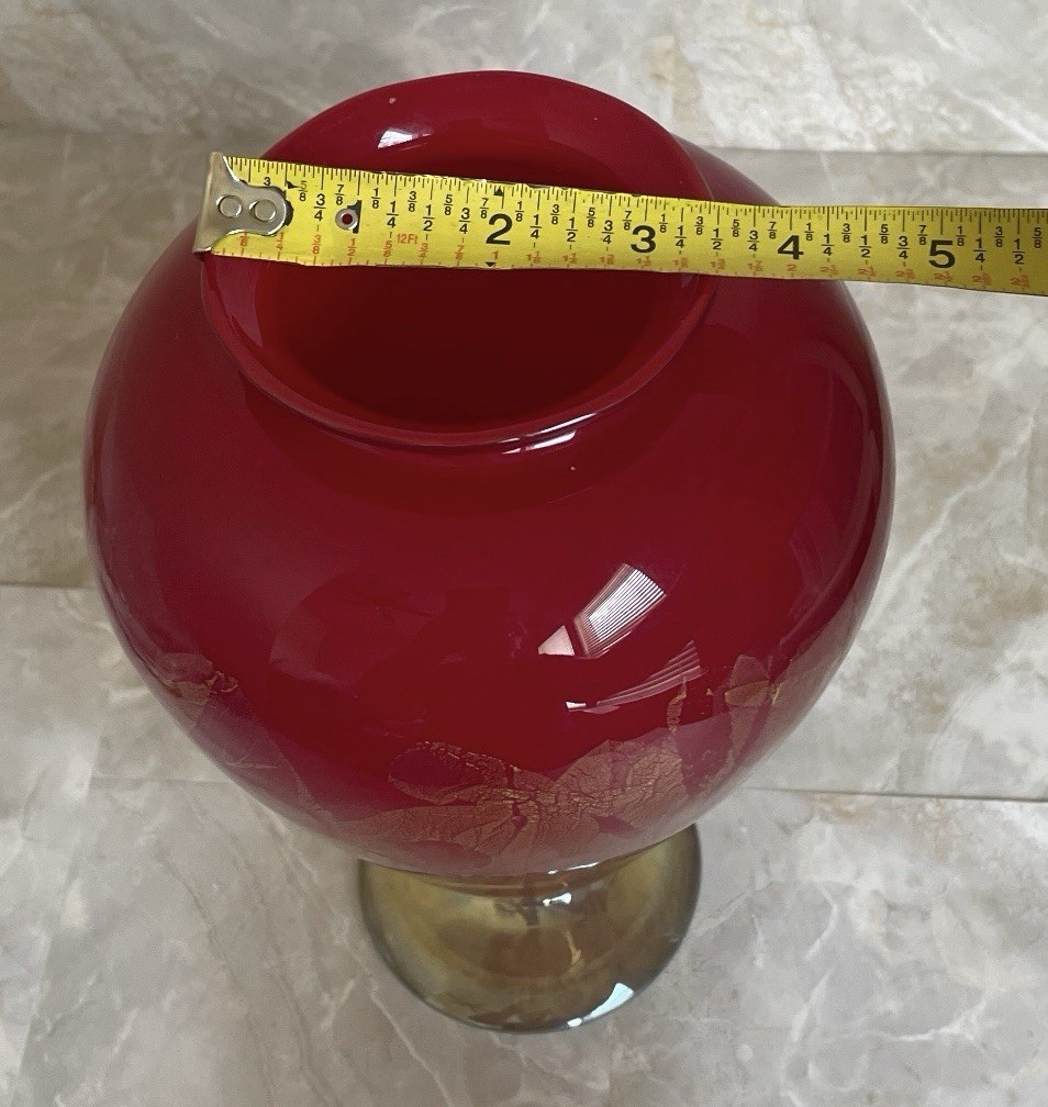 John Cook Signed Art Glass Vase Hand-blown Cherry Red & Gold & Amber Base 2004