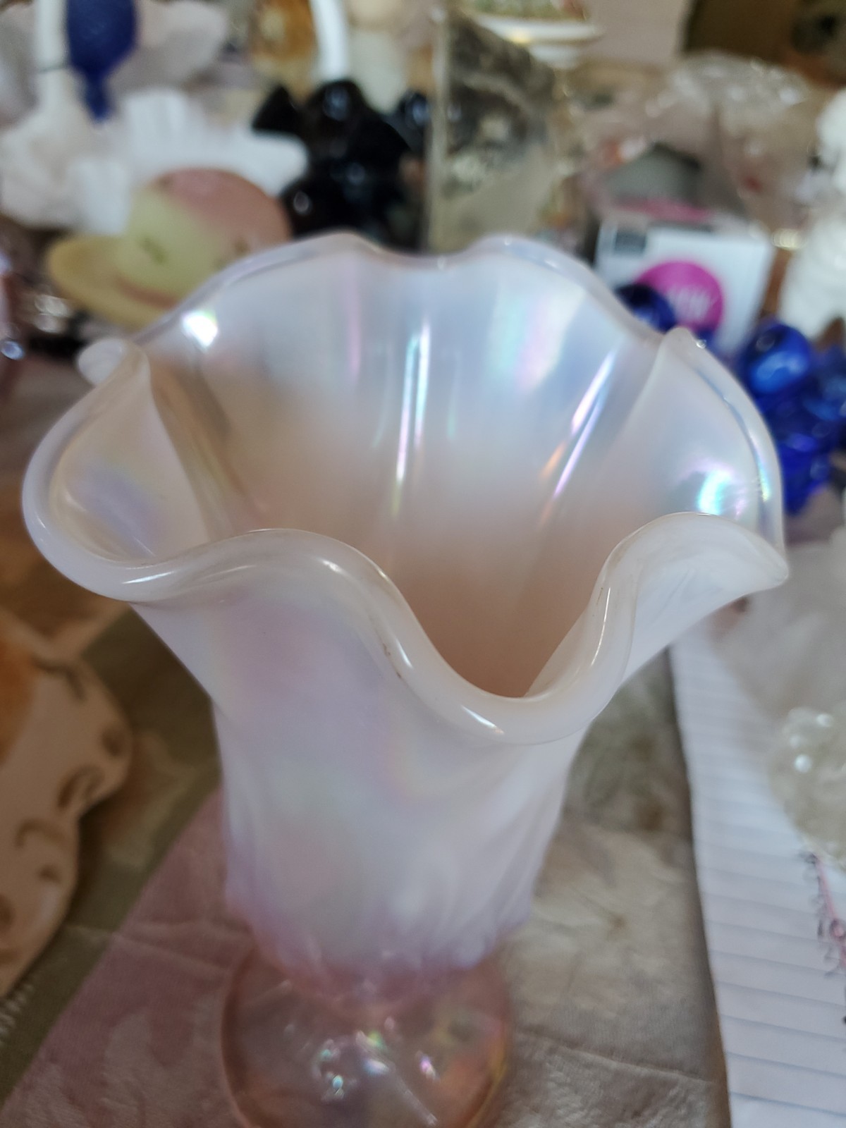 FENTON OPALESCENT 7″ HANKERCHIEF FOOTED VASE W/LILY OF THE VALLEY BASE PATTERN