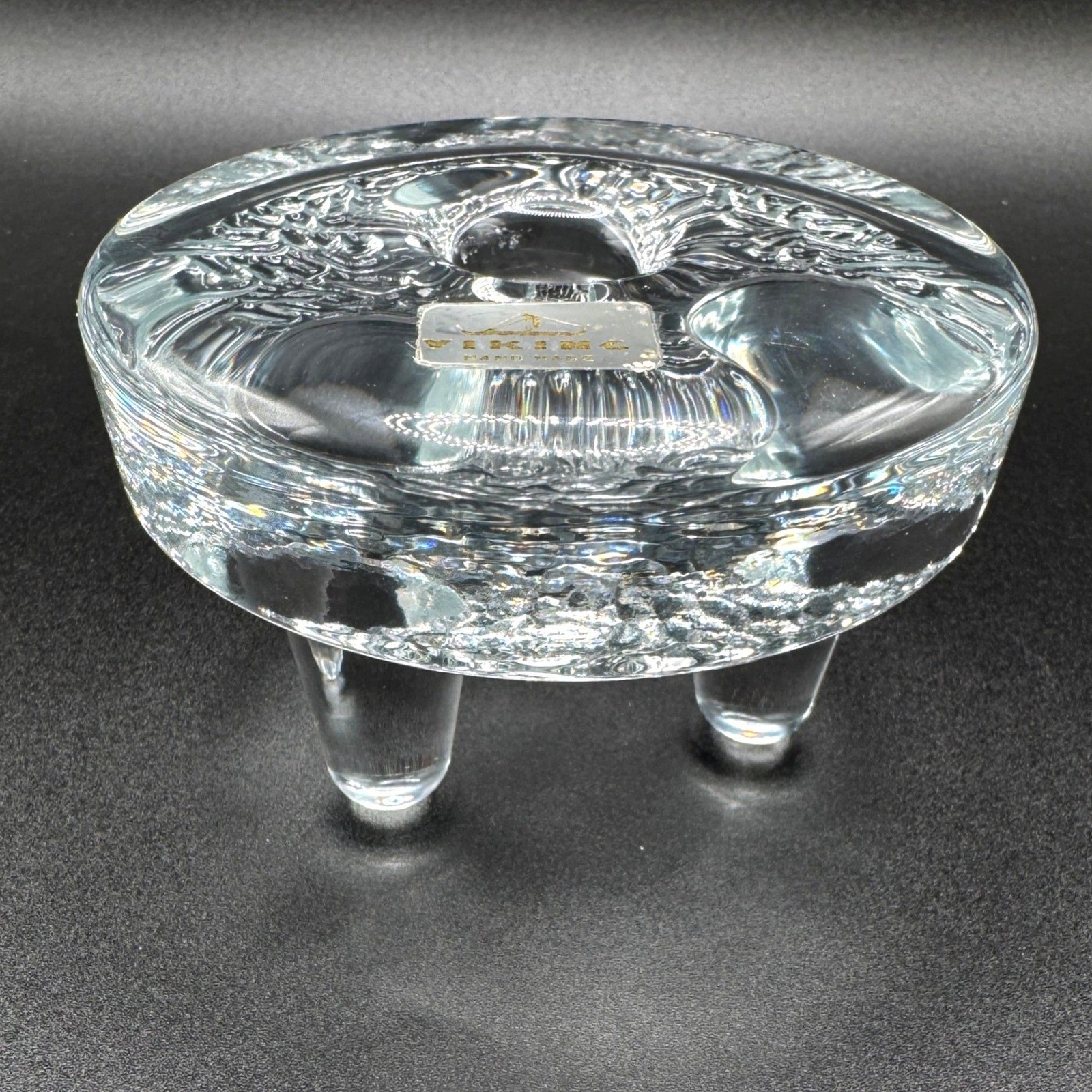 Viking Glass Vtg Handmade Clear Textured 3 Footed Tripod Taper Candle Holder MCM