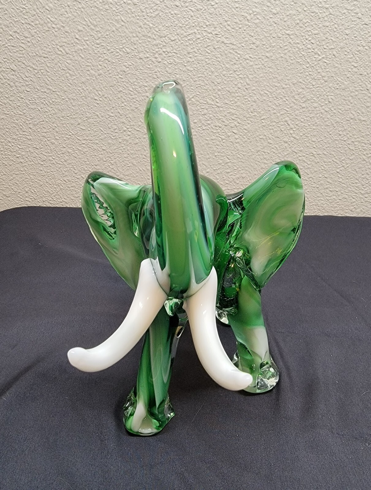 Vtg Hunter Green White Glass Elephant Trunk Up Tusk Figurine Murano Luck Fortune