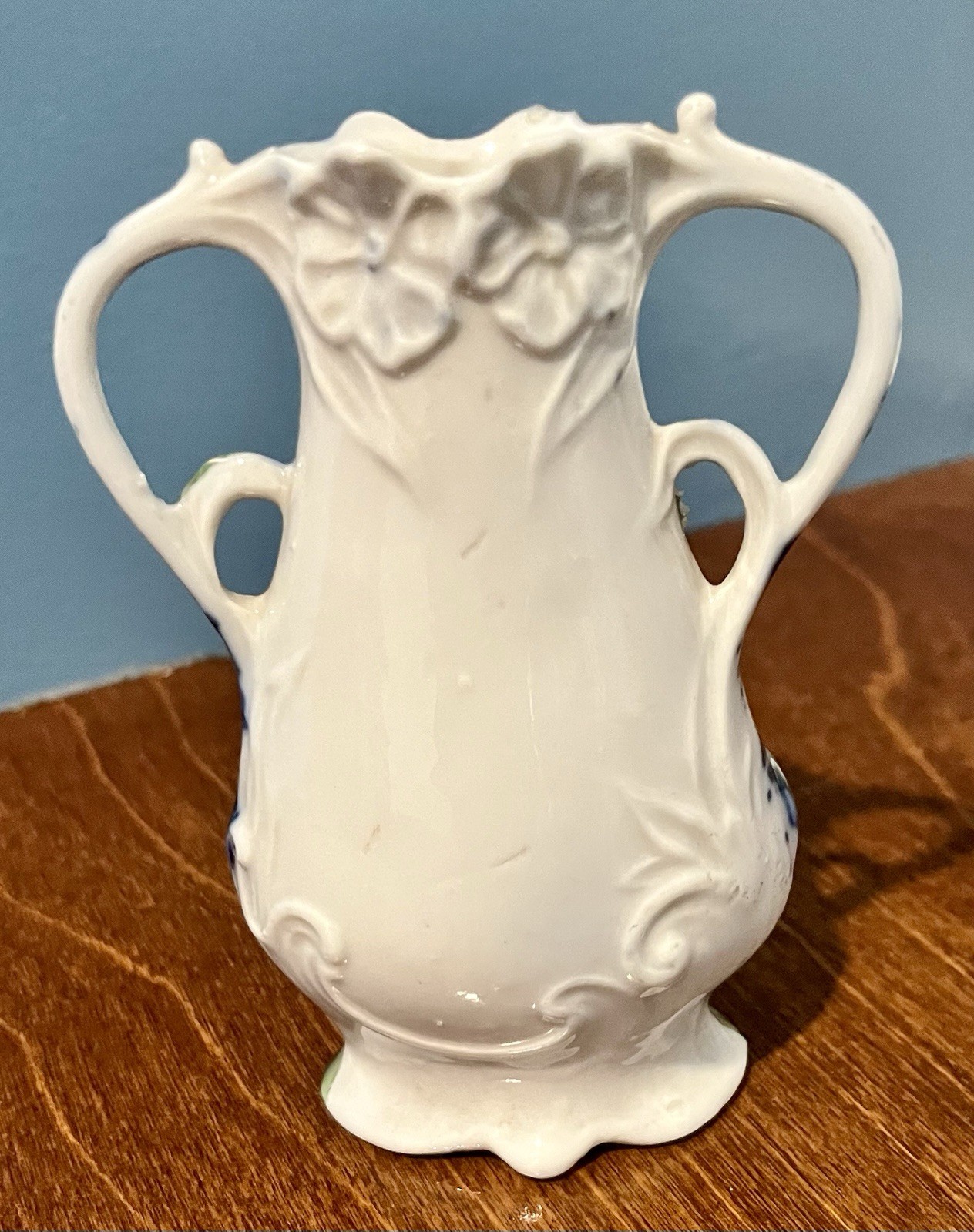 Porcelain Bud Vase, Floral Relief White Blue Gold Decorative 4.75in