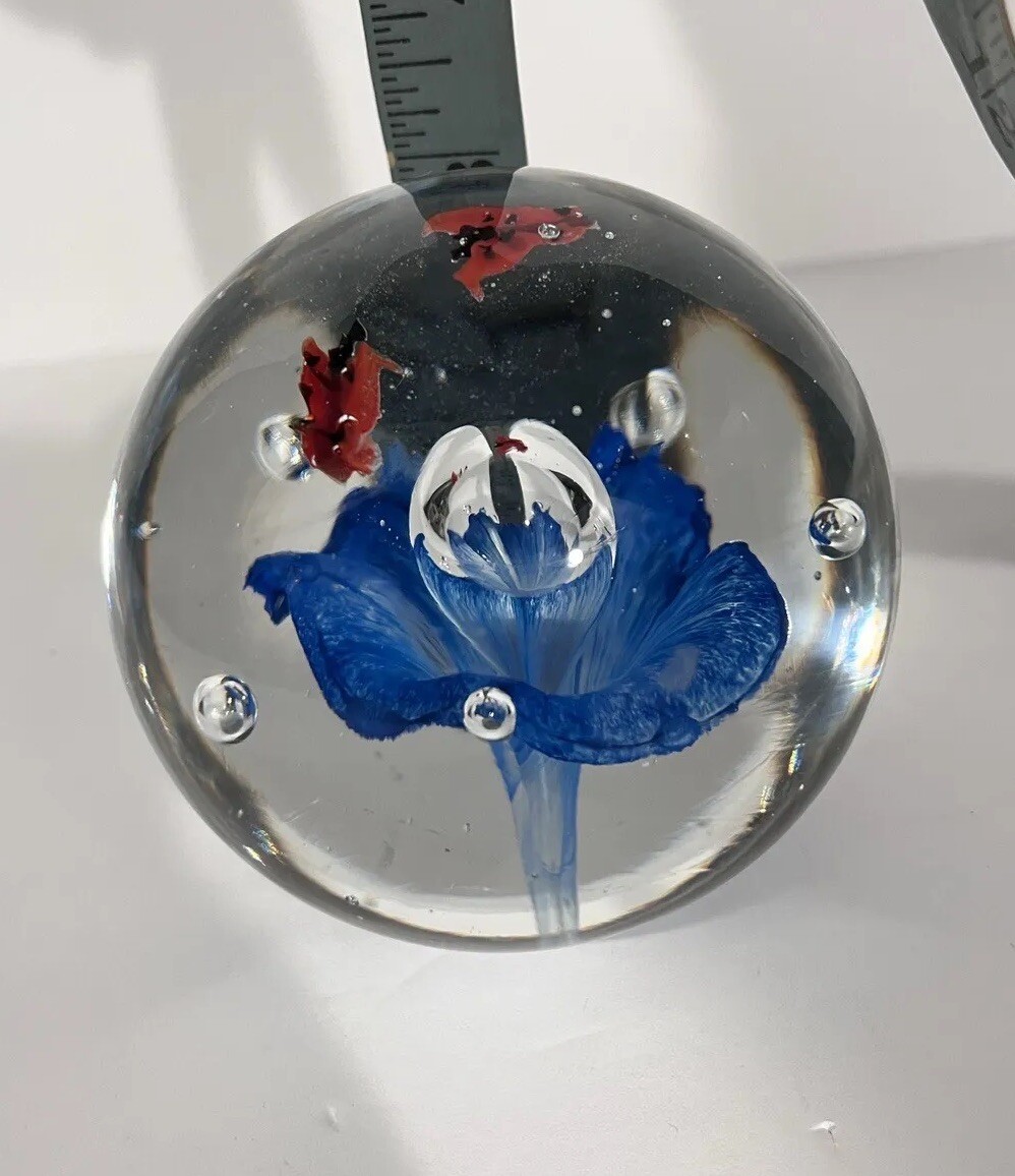 Art Glass Red Butterfly Blue Flower Paper Weight Home Office Decor