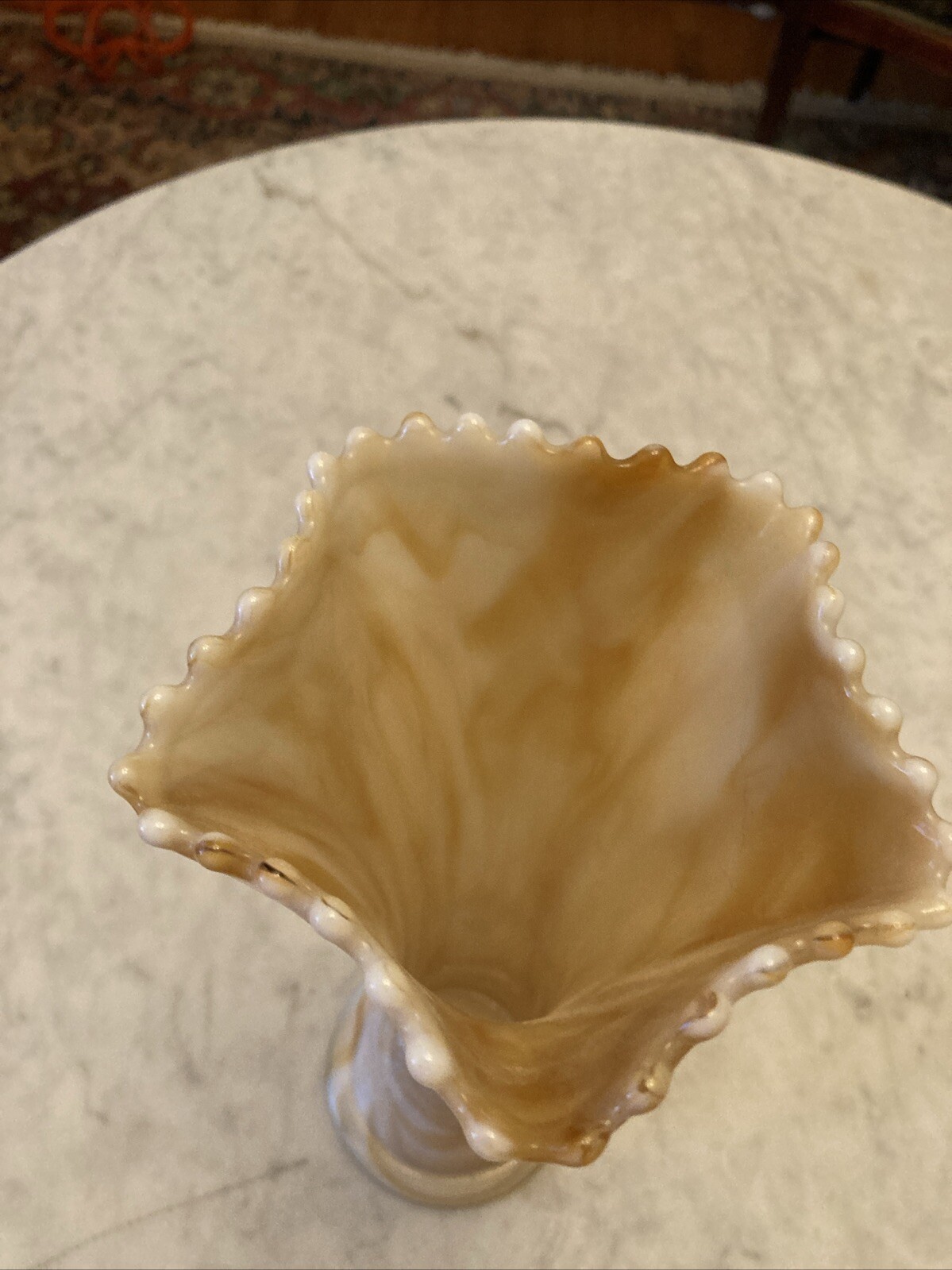 ATQ 1907-1916 Bournique Indiana Slag Caramel OrangeGlass 11″ Vase w/ Beaded Edge