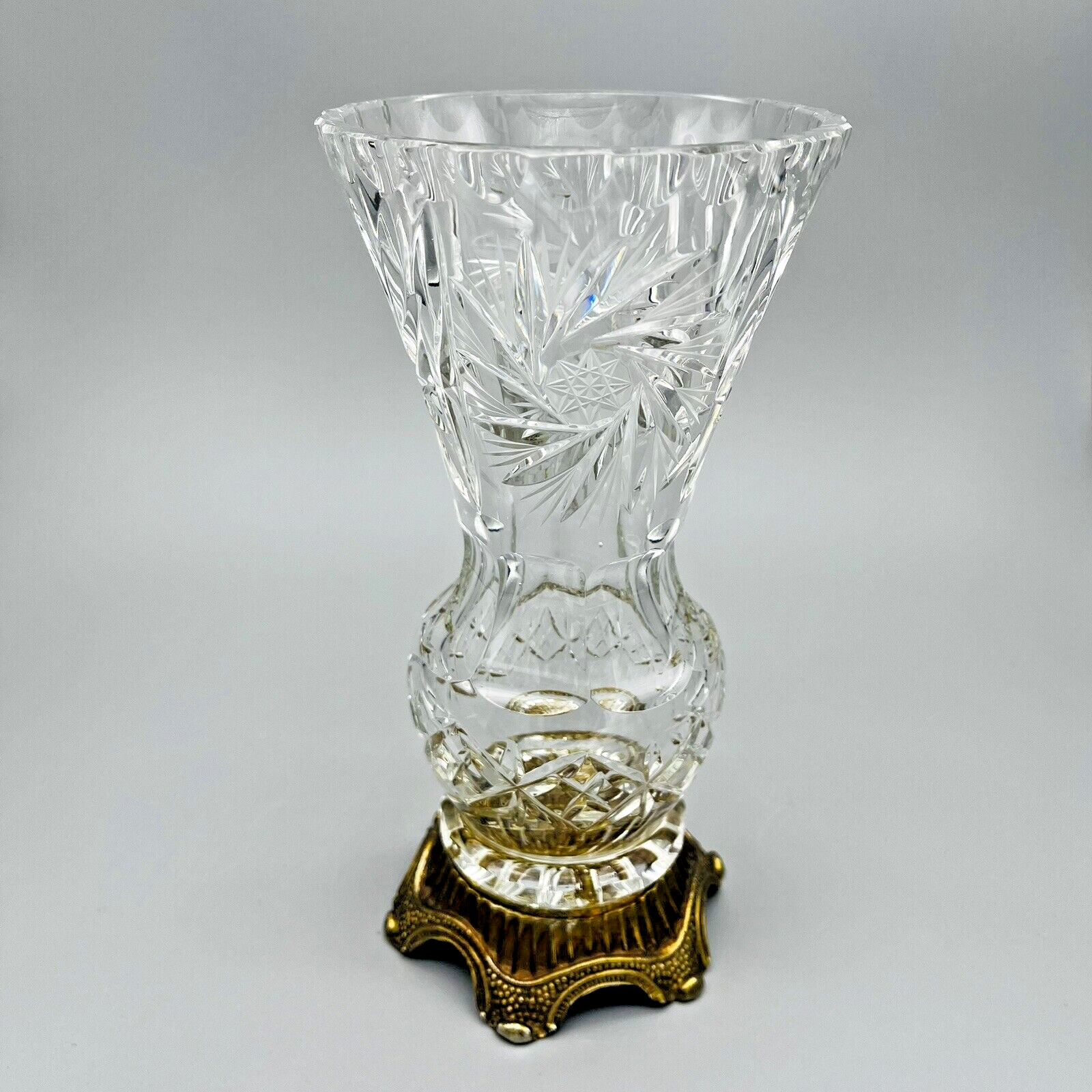 VTG Cut Crystal Trumpet Vase Pinwheel Starburst Formal Ornate Metal Footed Base