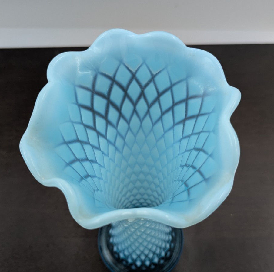 Antique Northwood Diamond Point Aqua Blue Opalescent Swung Stretch Vase Marked N