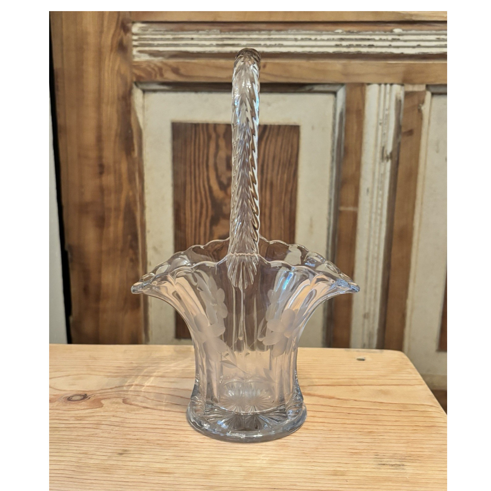 Clear Glass Decorative Basket with Floral Etching, Handle,