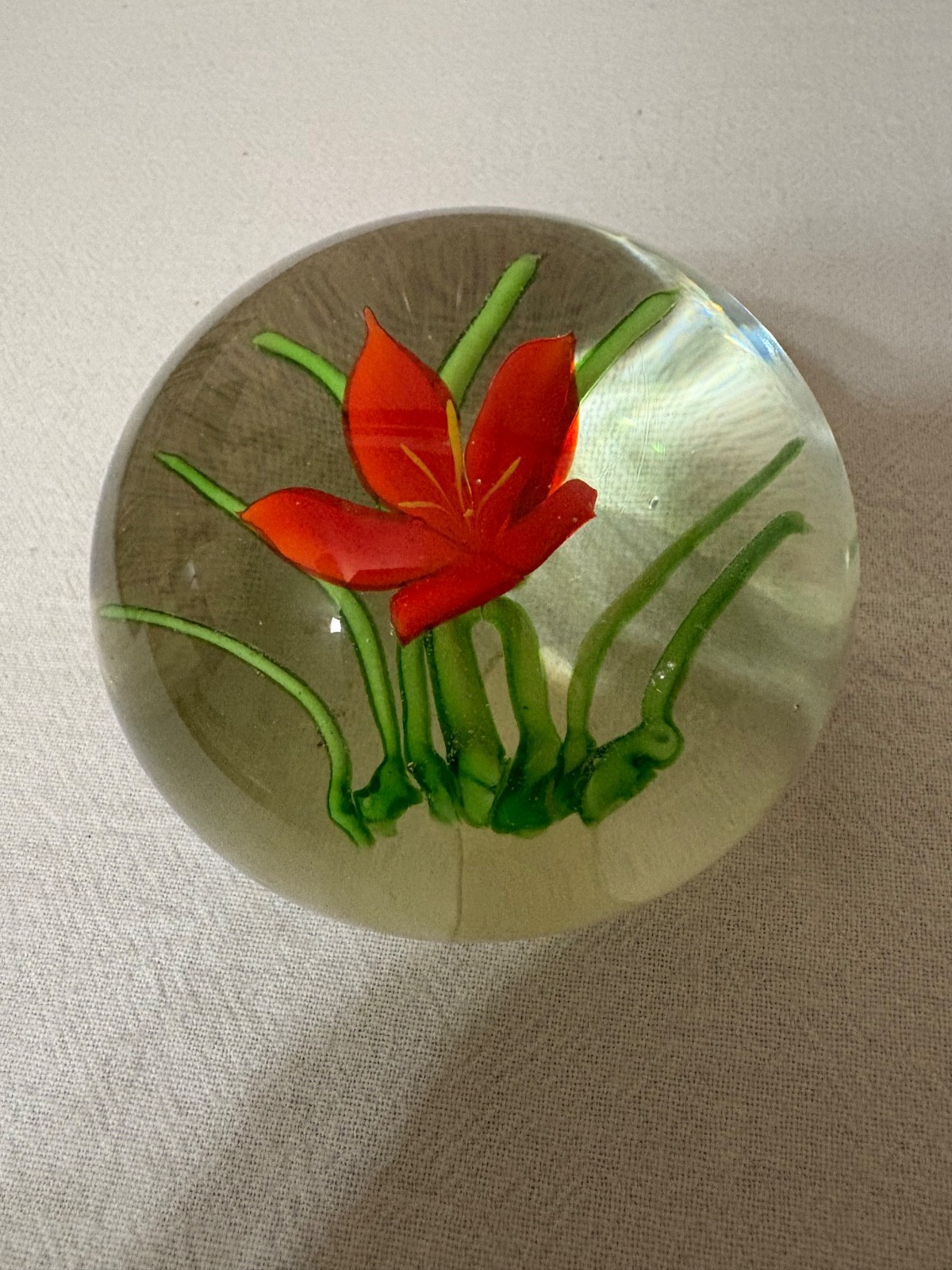 Paperweight Heavy Glass With Red Flower and Green Leaves (Vintage)