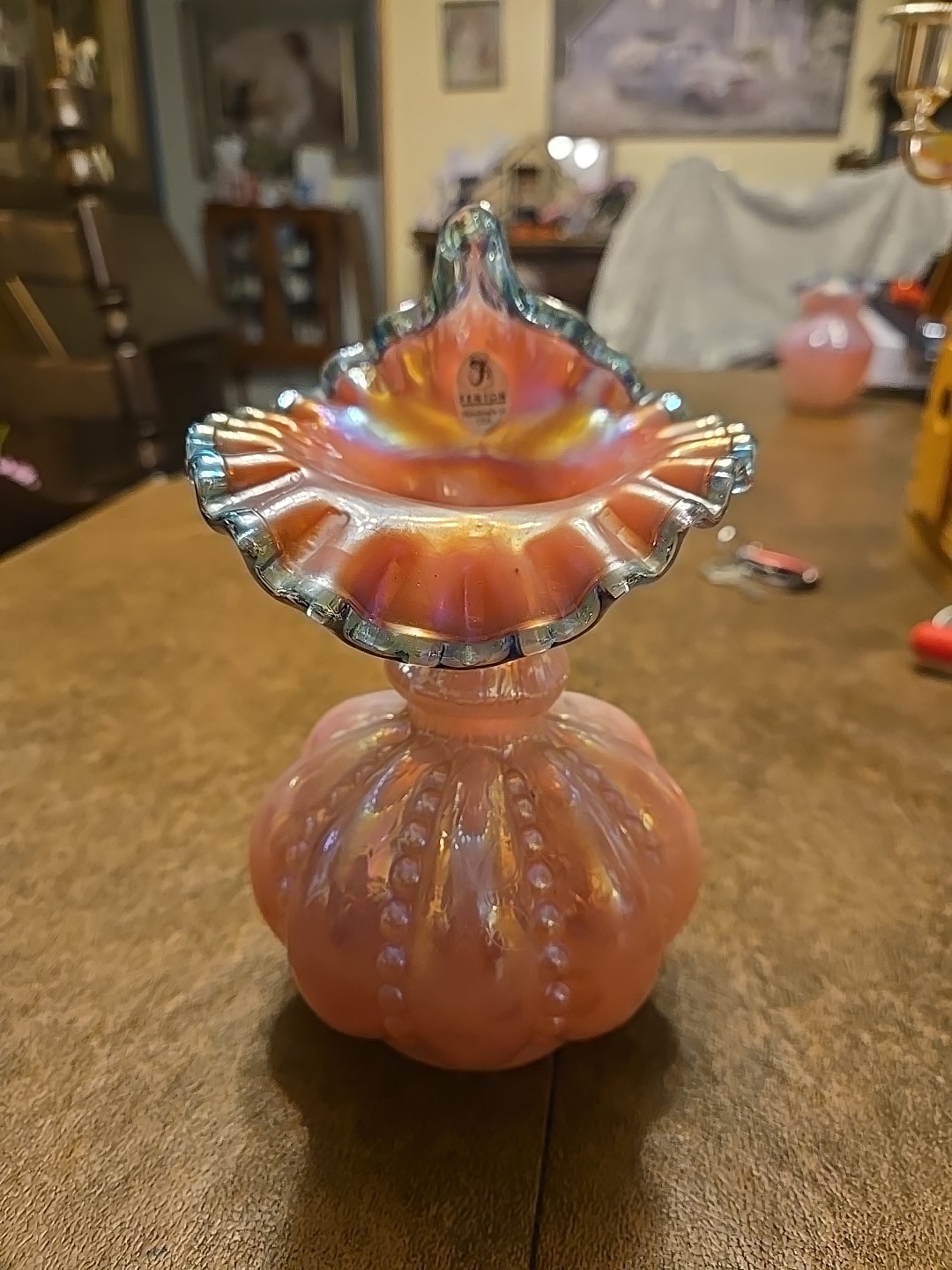 FENTON ART GLASS 1988 CASED CRANBERRY OPAL/TEAL IRIDESCENT BEADED VASE LE