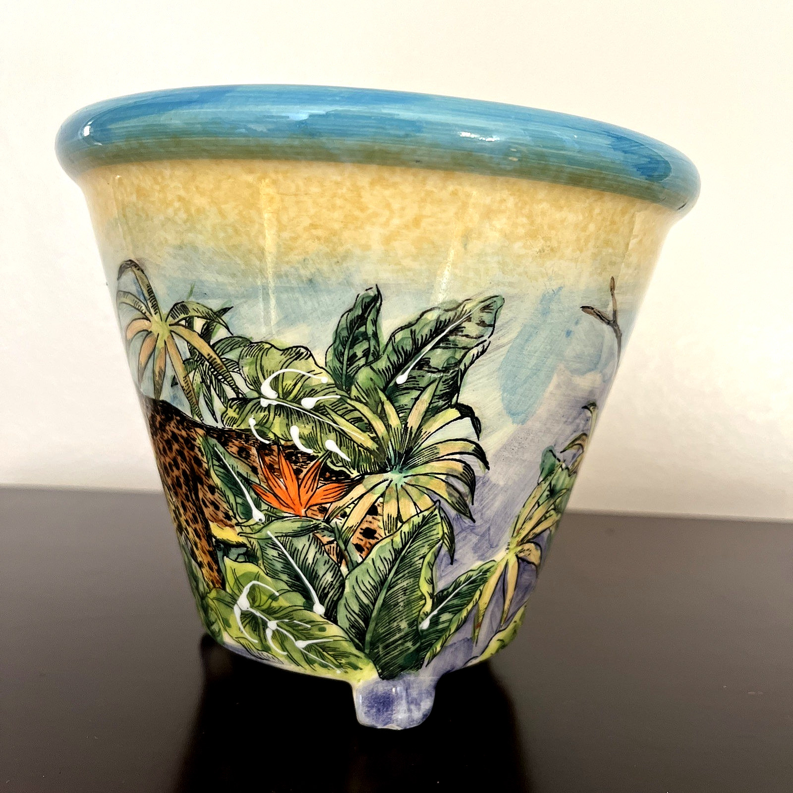 Maxcera Planter Pot Ceramic Glazed Hand Painted Jungle Parrot Leopard Monkey