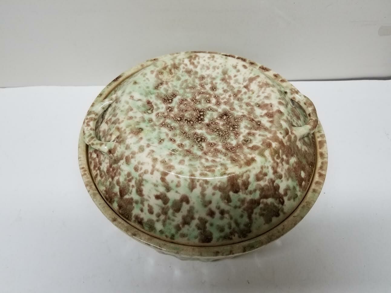 VTG CERAMIC CLAY POTTERY GREEN BLUE CREAM MARBLE DUTCH OVEN