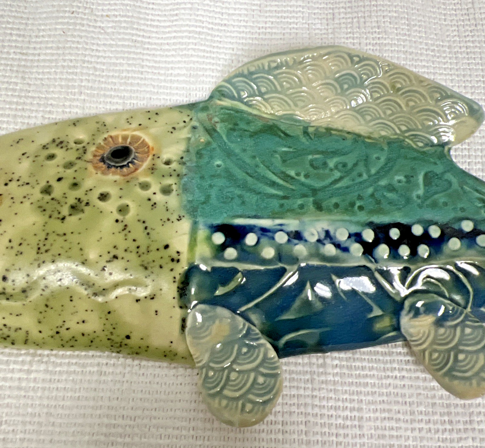 Artist Signed Ceramic Pottery Textured Figural Fish Wall Plaque Nautical Decor