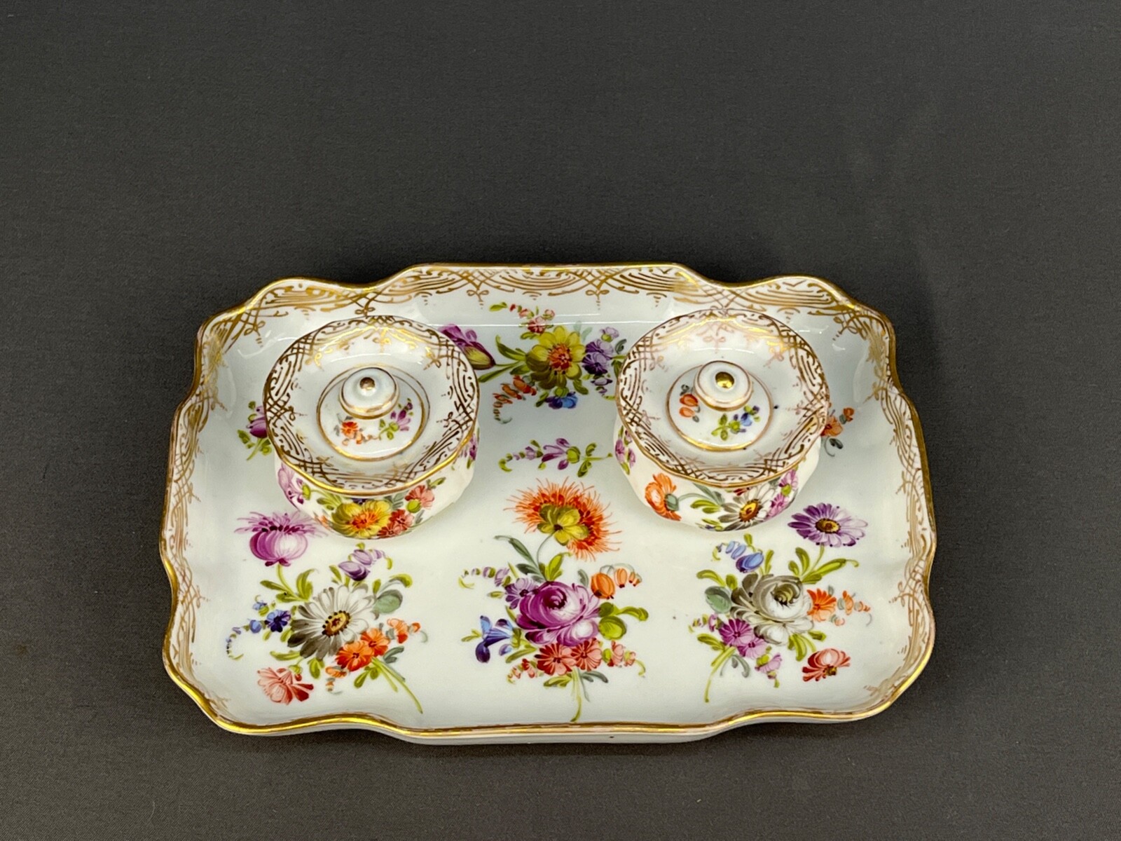 Rare Antique Dresden Porcelain Hand-Painted Dresden Flowers Double Inkwell