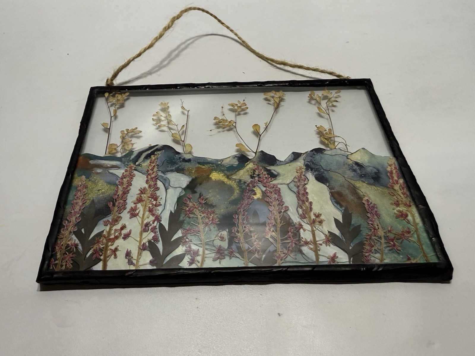 Awakened Artistry Floral Mountain Glass Frame Art Piece Wall Hanging 7″x5.25″