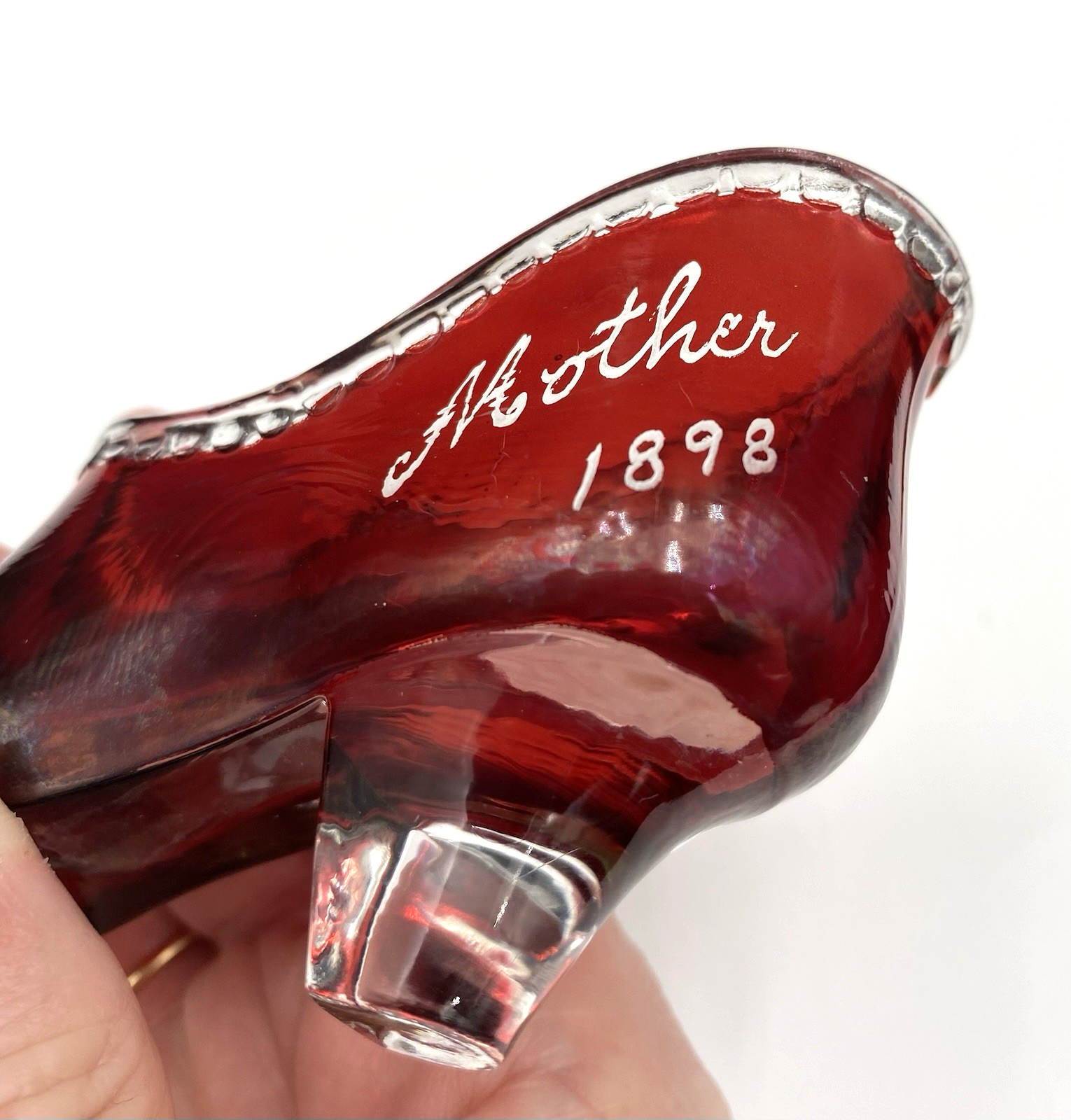 Antique EAPG U.S. Glass (Pittsburgh) Lady’s Slipper, Ruby Stain, “Mother 1898”