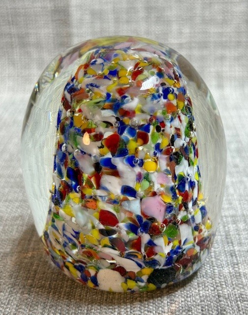Art Glass Paperweight Multicolored Confetti Egg Shaped Hand Blown Sculpture