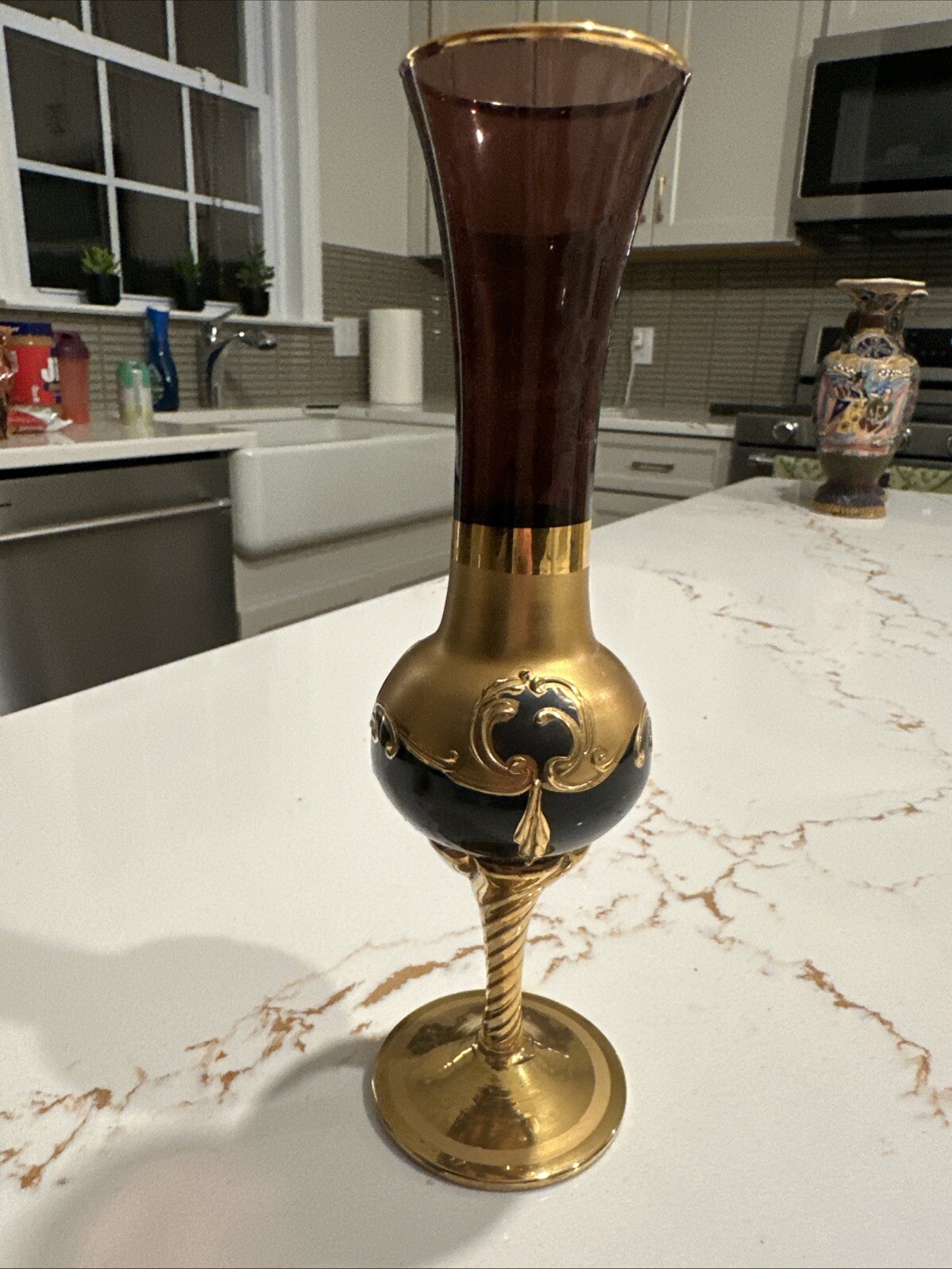 Antique handblown glass vase Purple, Bohemian , Raised Porcelain flowers, Gold