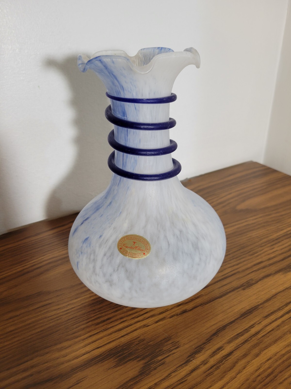 Murano Style Glass Ware Crystal Clear Italy White And Blue Cobalt Spiral Vase