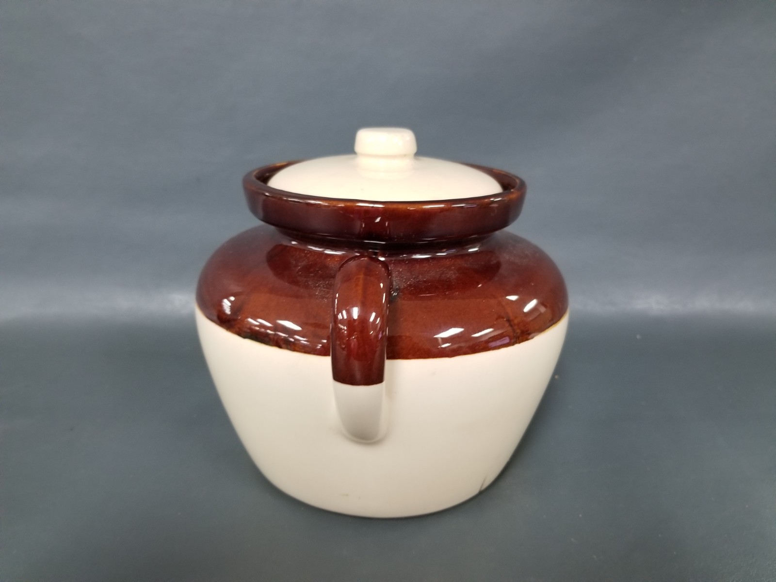 VTG McCoy #342 Brown / Cream Glazed Stoneware Bean Pot w/ Lid Ovenproof USA