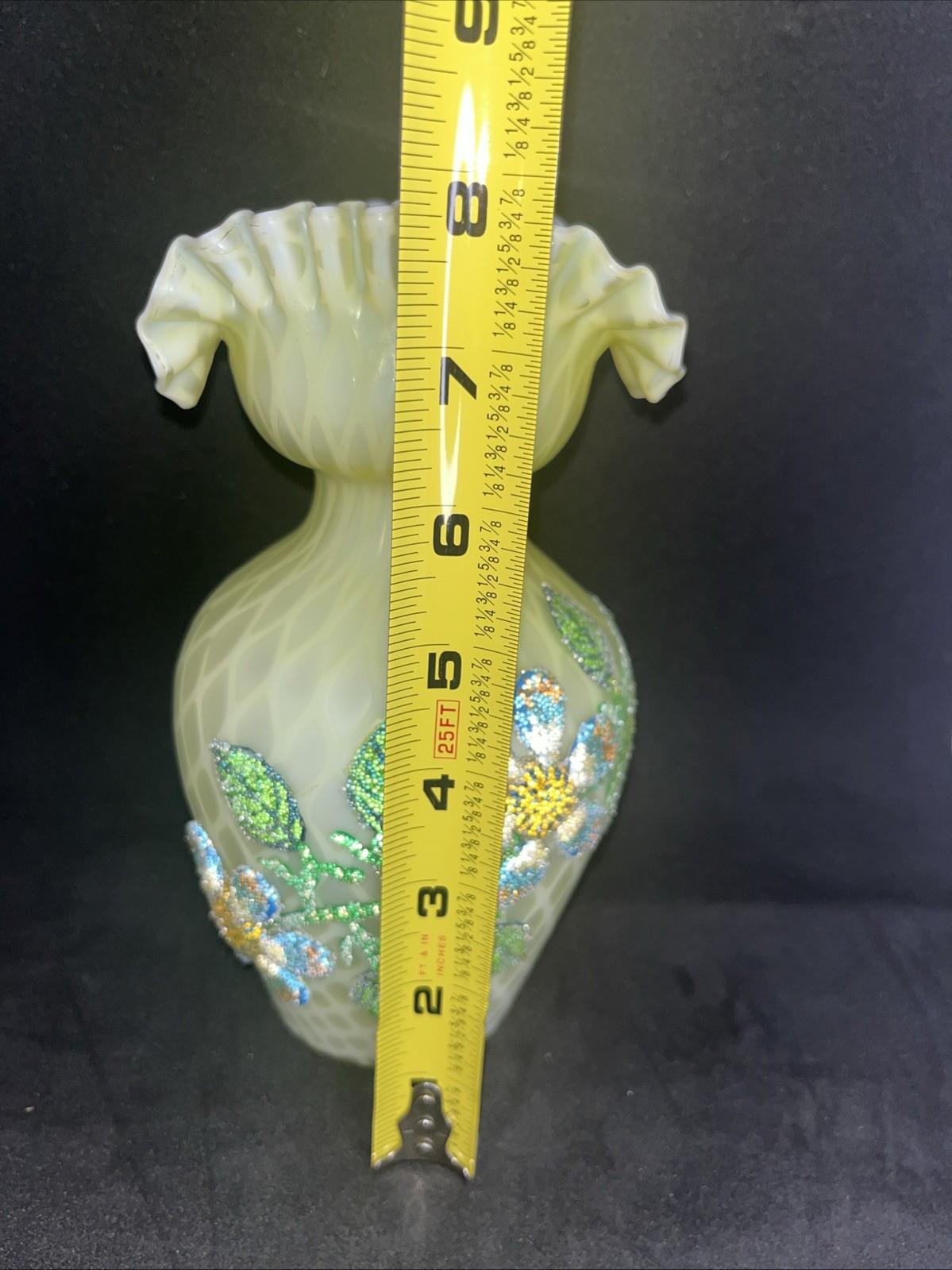 Antique Topaz Opalescent Satin Glass Ruffled Vase Beaded Floral Signed Webb