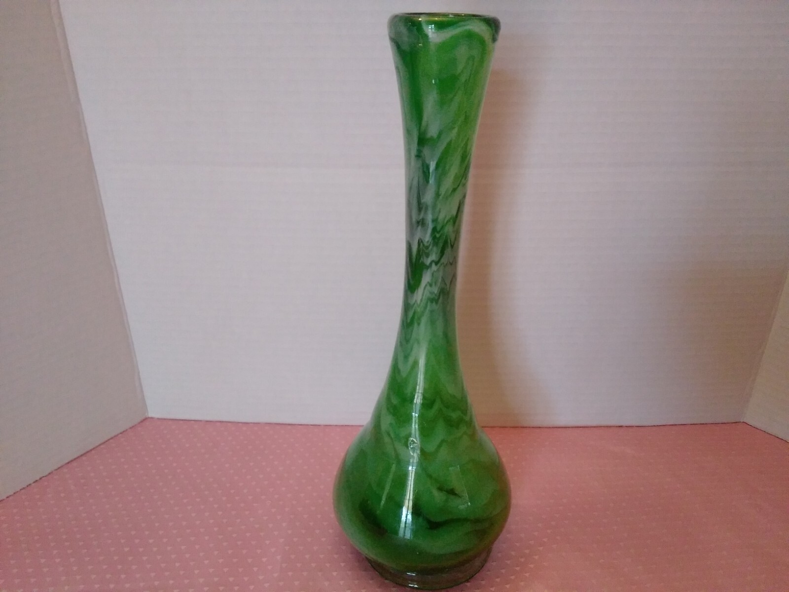 Vase Hand Blown Swirl Abstract Green And White Art Glass Vase 12″