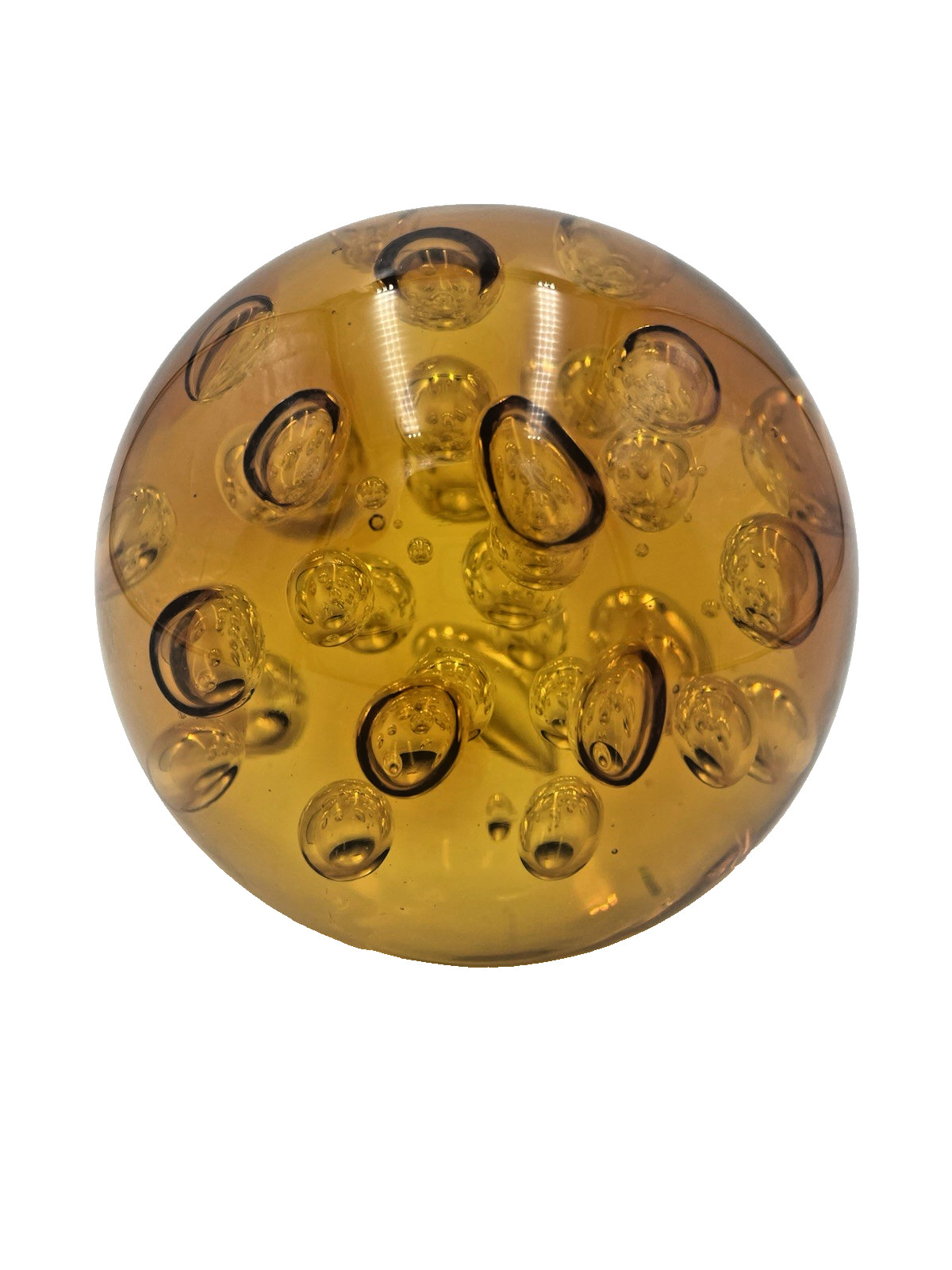 Murano Style Paper Weight 4.5” Round Orb Amber Color Large Controlled Bubbles