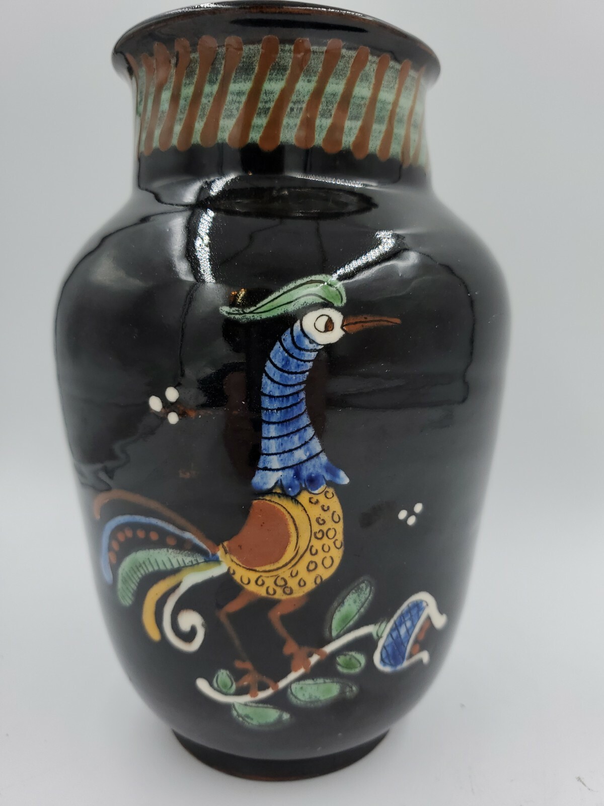 VTG Vase Glazed Redware Pottery Folk Art Rooster Handmade Painted in Switzerland