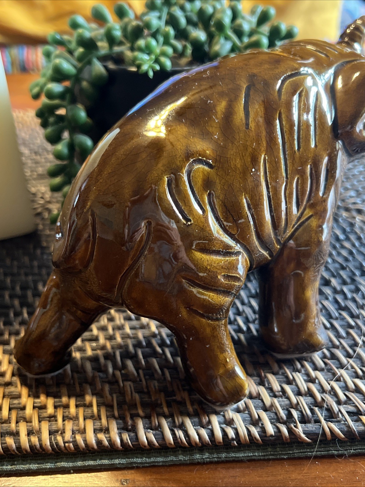 Vintage Van Briggle Elephant Trunk Up Golden Brown Gloss Glaze Figurine- Signed