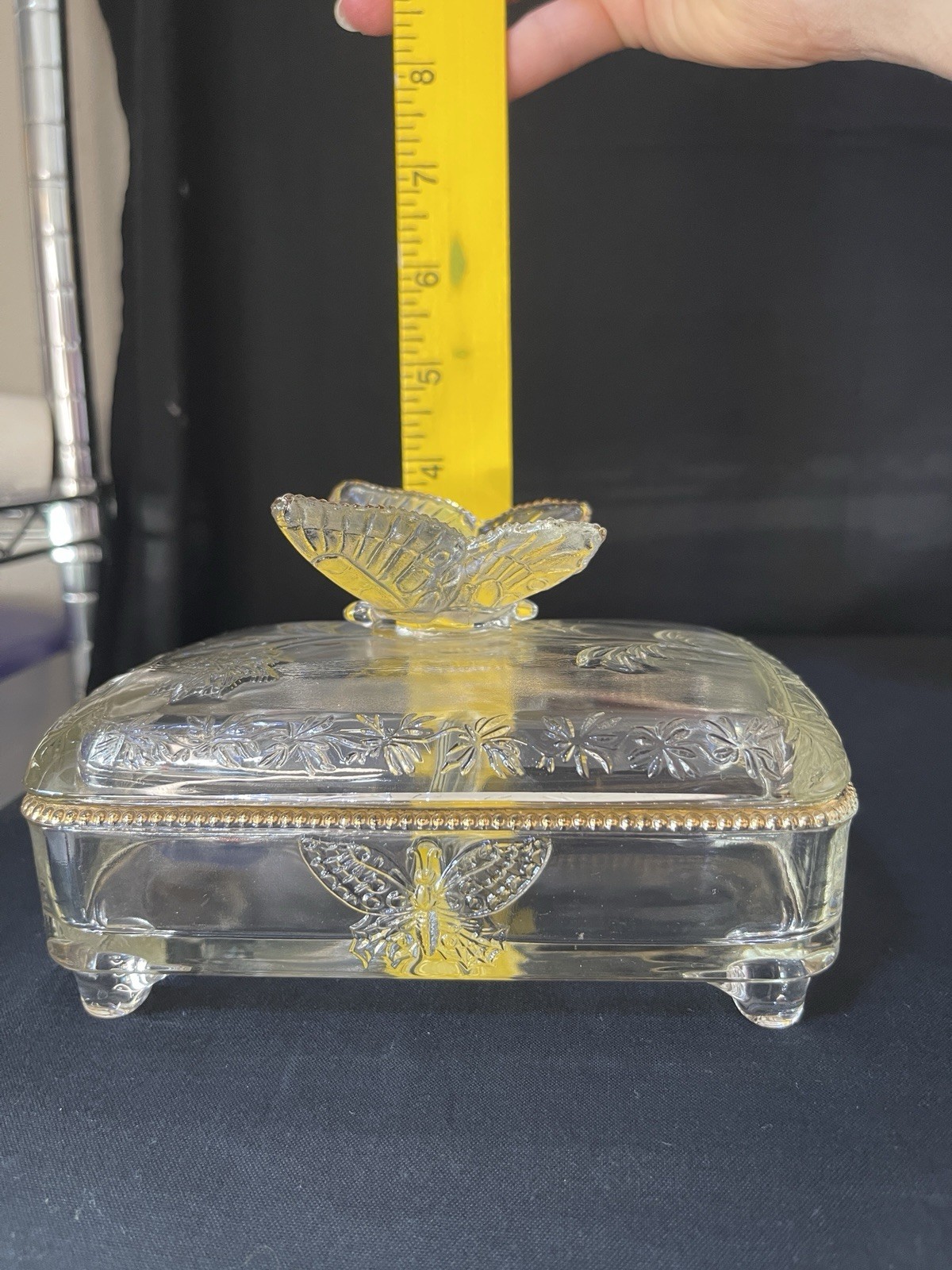 Vintage Jeannette Glass Butterfly Clear Cigarette Box Gold Trim Beaded Footed