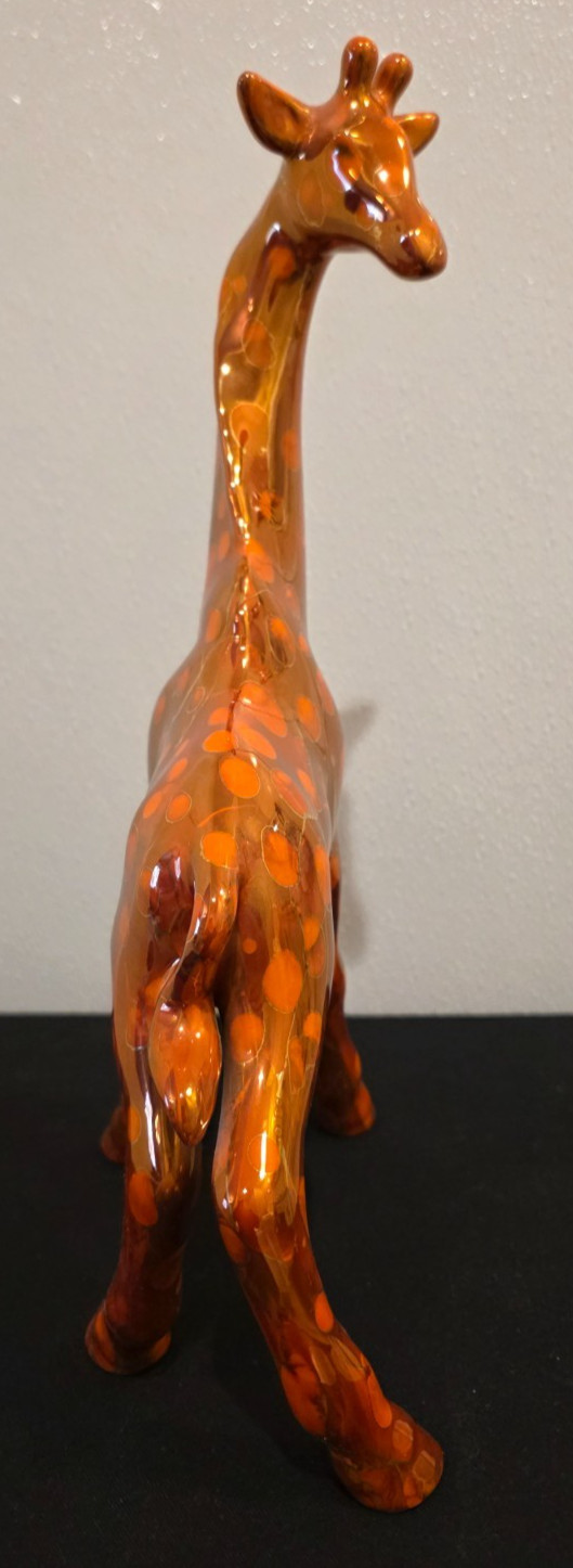 Vintage MCM Ceramic Giraffe Figurines Pair Orange Polka Dot Spots Glossy 15″ 11″