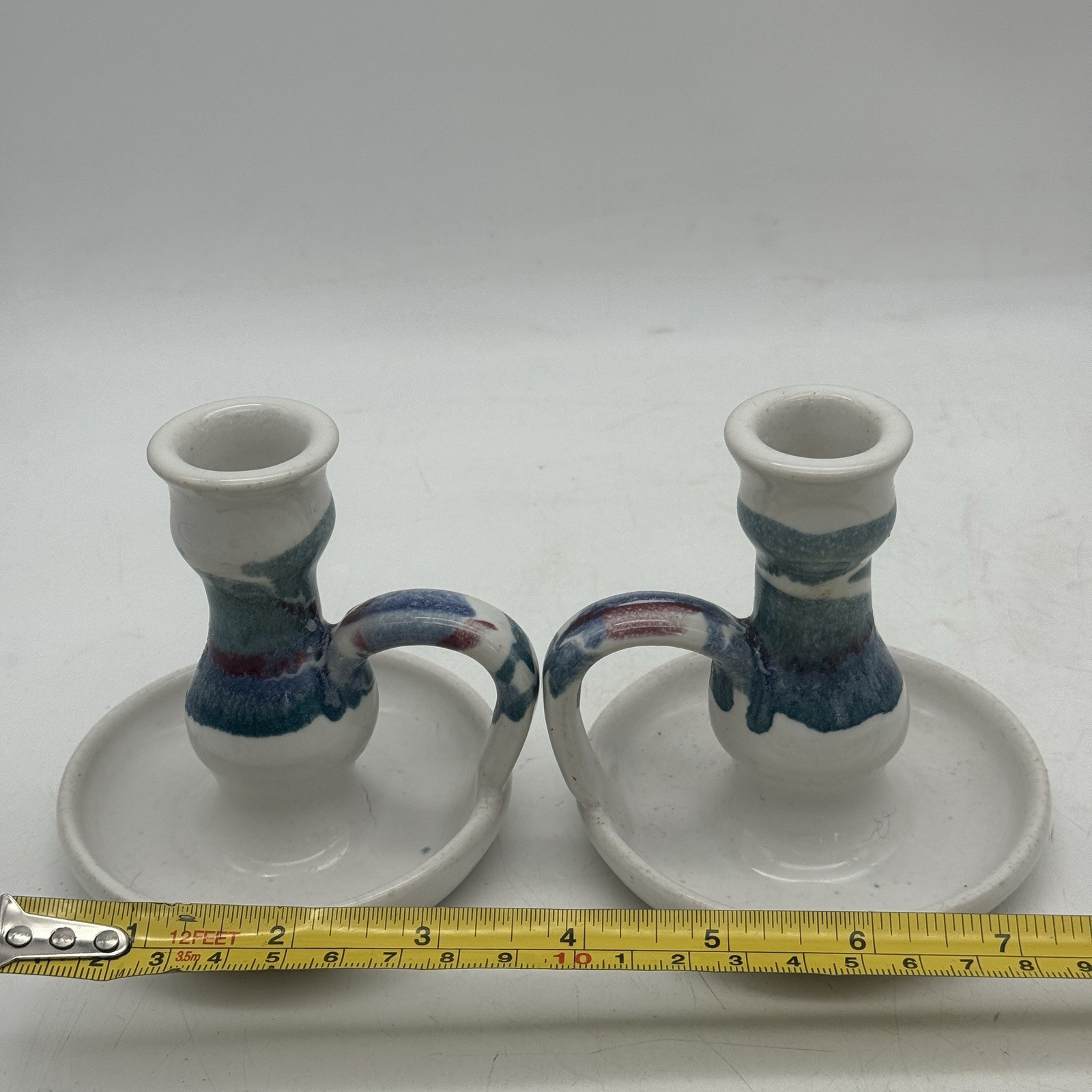 Studio Pottery Handmade Candlesticks Loop Handles Blue Green Red Glaze 4″ Signed