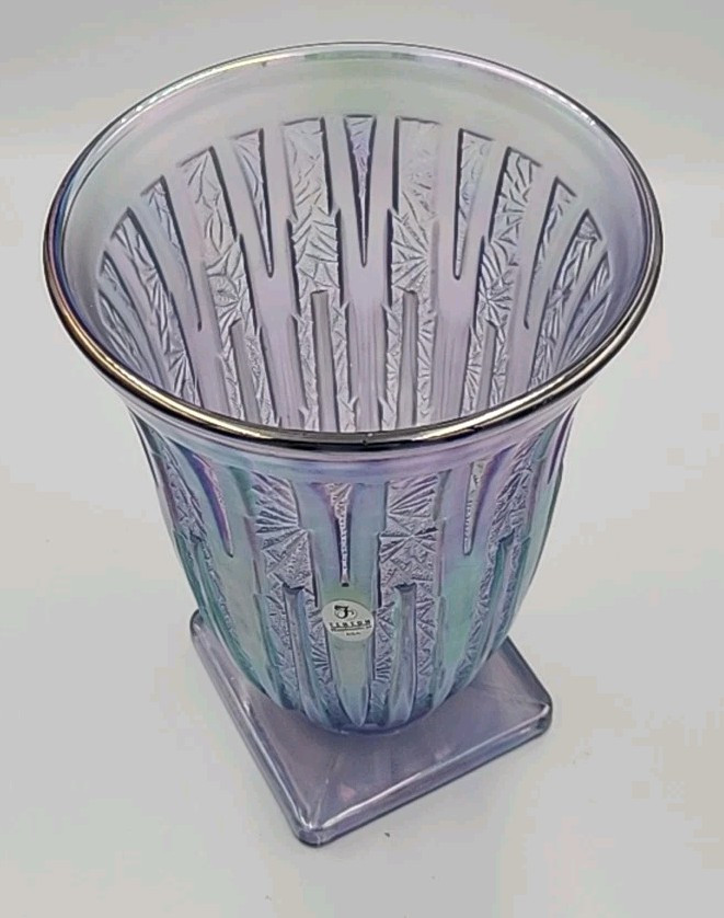RARE FENTON Verlys Lance Violet Satin Carnival Iridescent Vase 8″ T