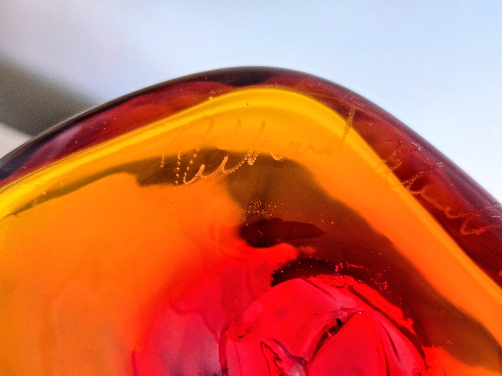 Signed Blenko Paper Bag Glass Vibrant Amberina Tangerine Vase, Rare 8.5″ High
