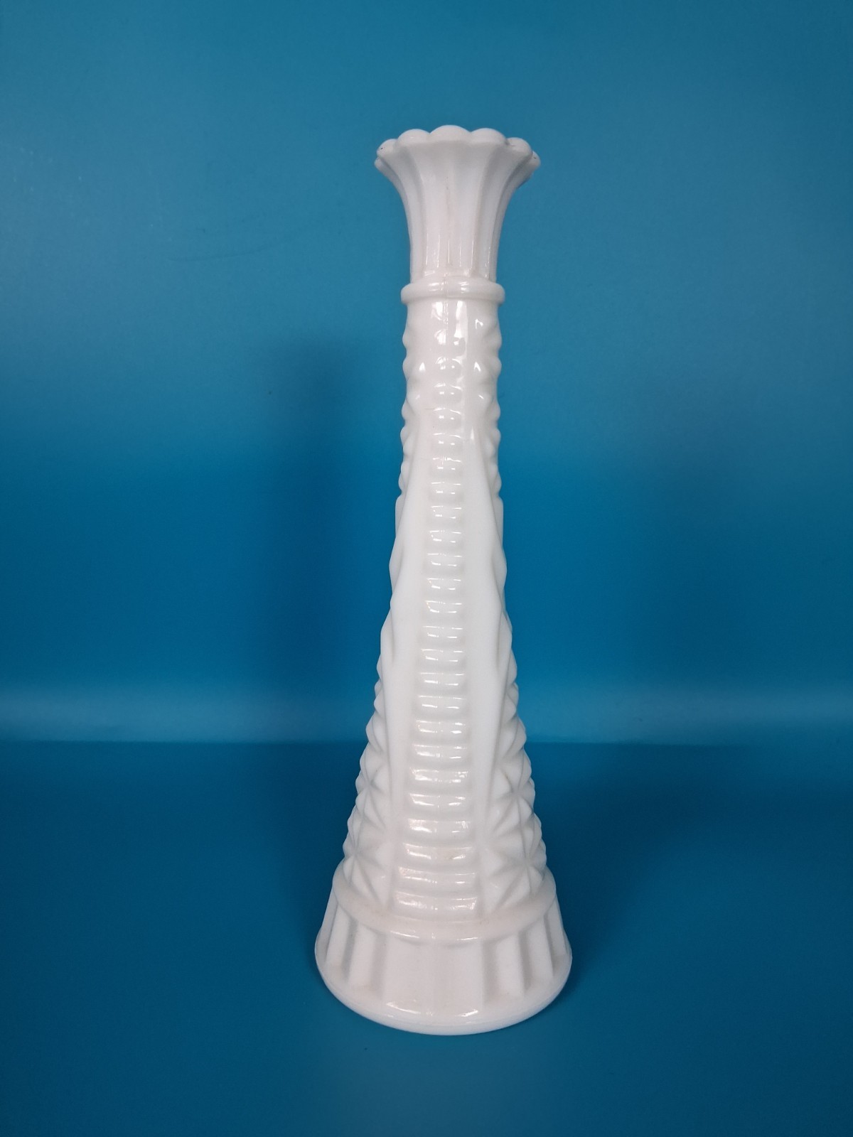 Elegant Mid-Century Pressed Glass | Scalloped Rim | White Opaque Art Glass Vase