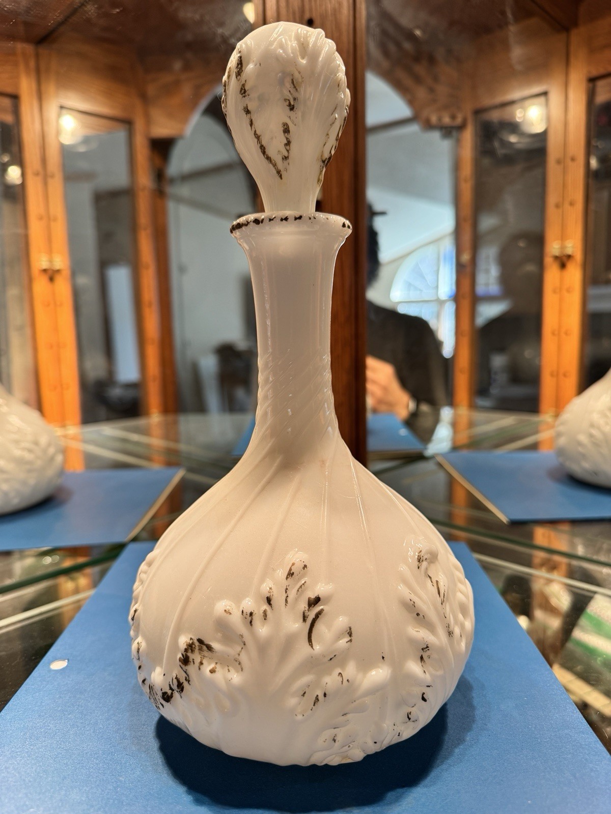 White Opaque Glass Decorative Bottle with Leaf Pattern, Stopper, 12in