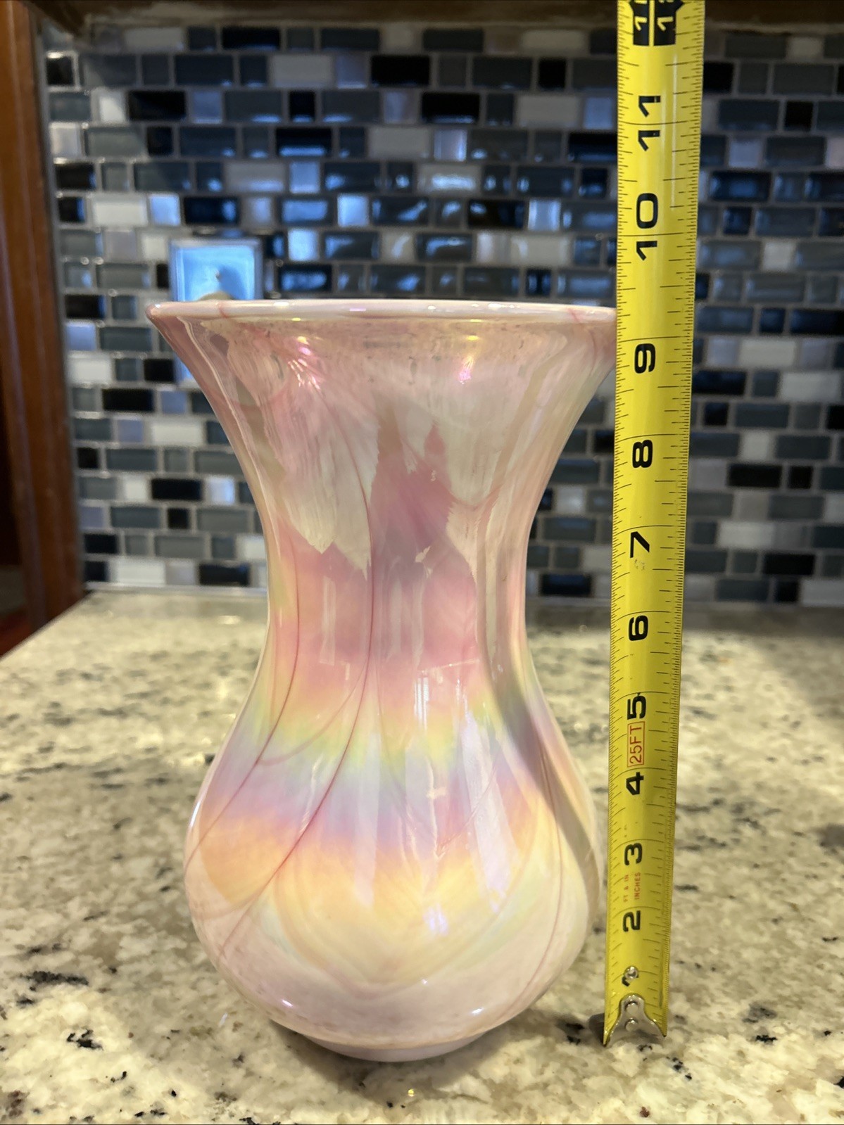 Gibson Glass 1990 Pink Iridescent Art Glass Vase 9.25” Tall / Marked Nice Shape