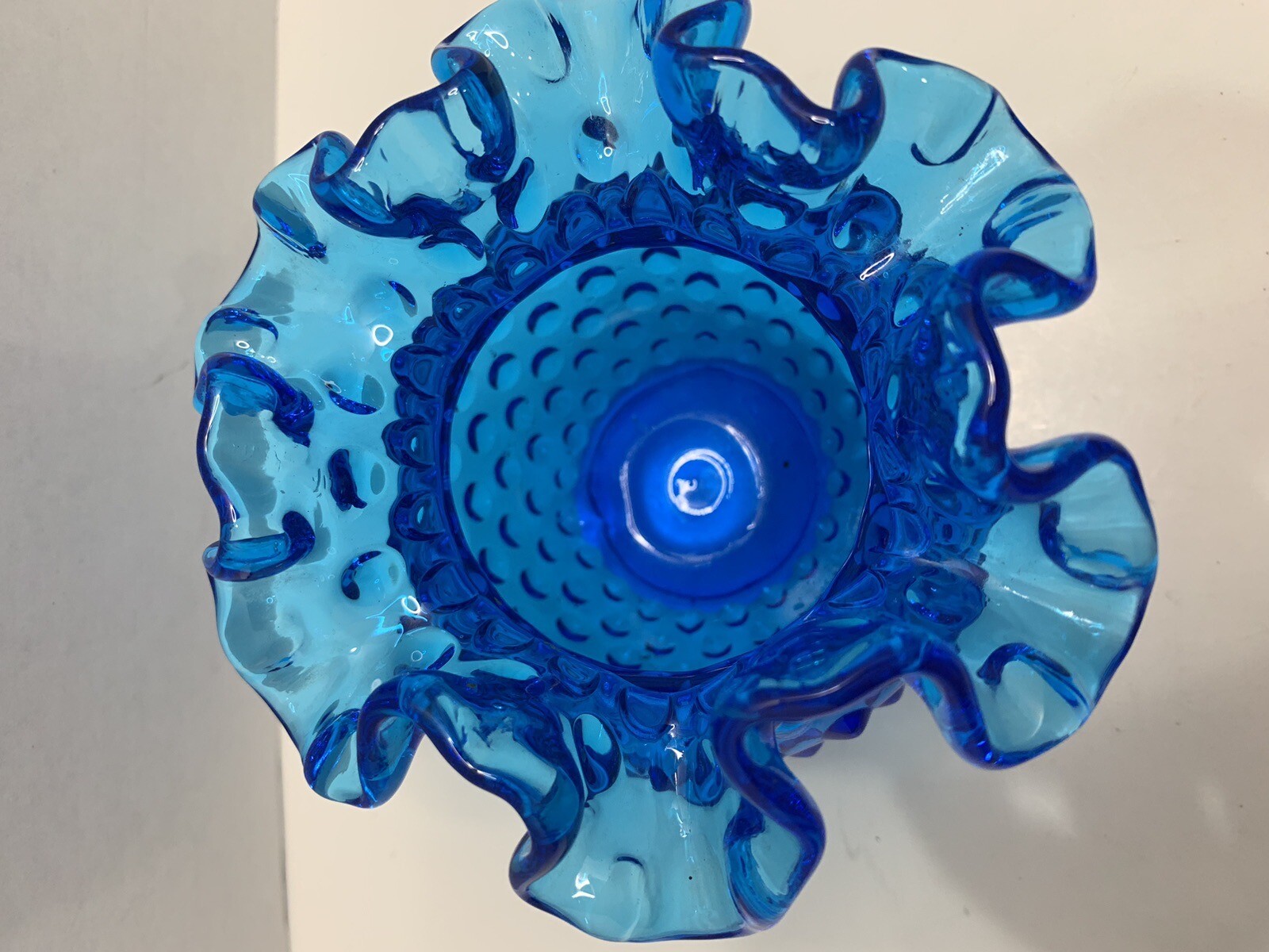 Vintage Fenton Hobnail Pattern Cobalt Blue Vase Ruffled Top 4” x 4”.
