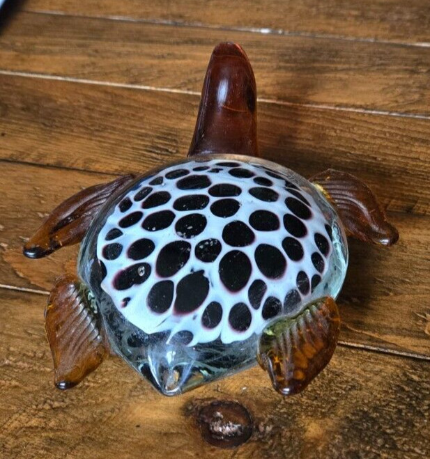 Glass Sea Turtle Paperweight Hand Blown Amber and White with Spots
