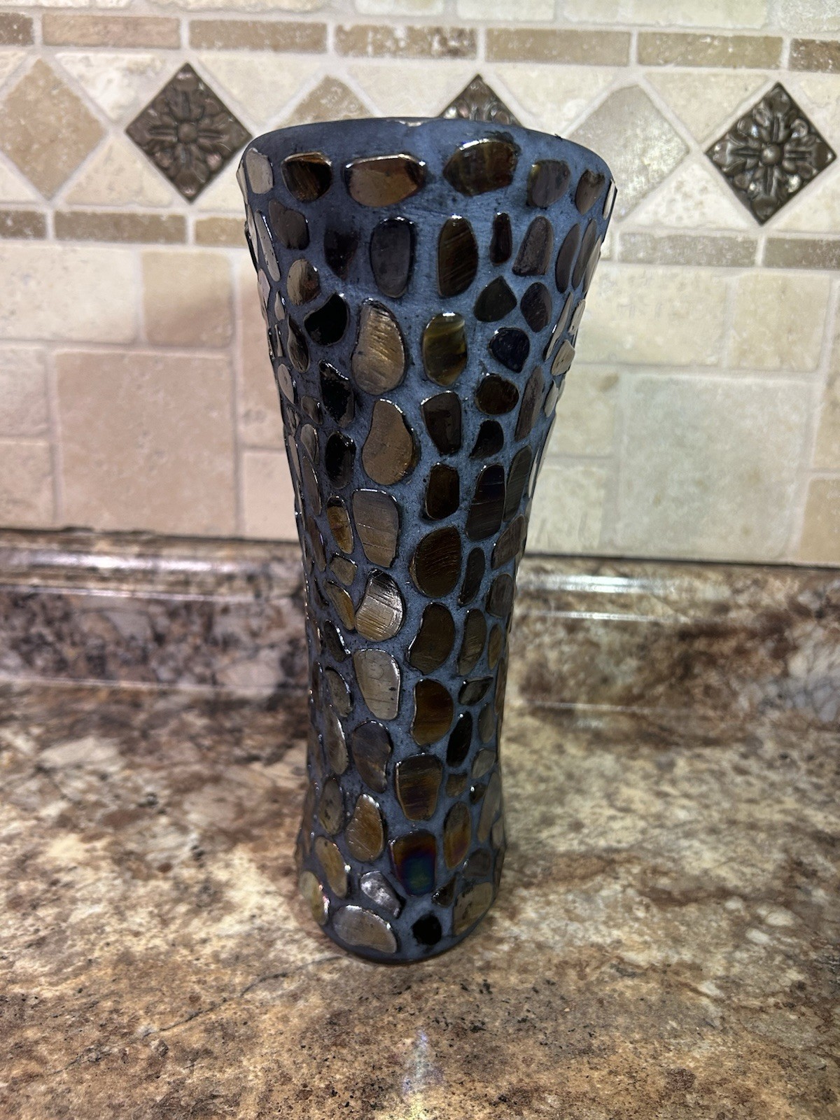 Black & Gray Mosaic Oval Vase w/Shiny Iridescent Glass On Clear Glass 10” High