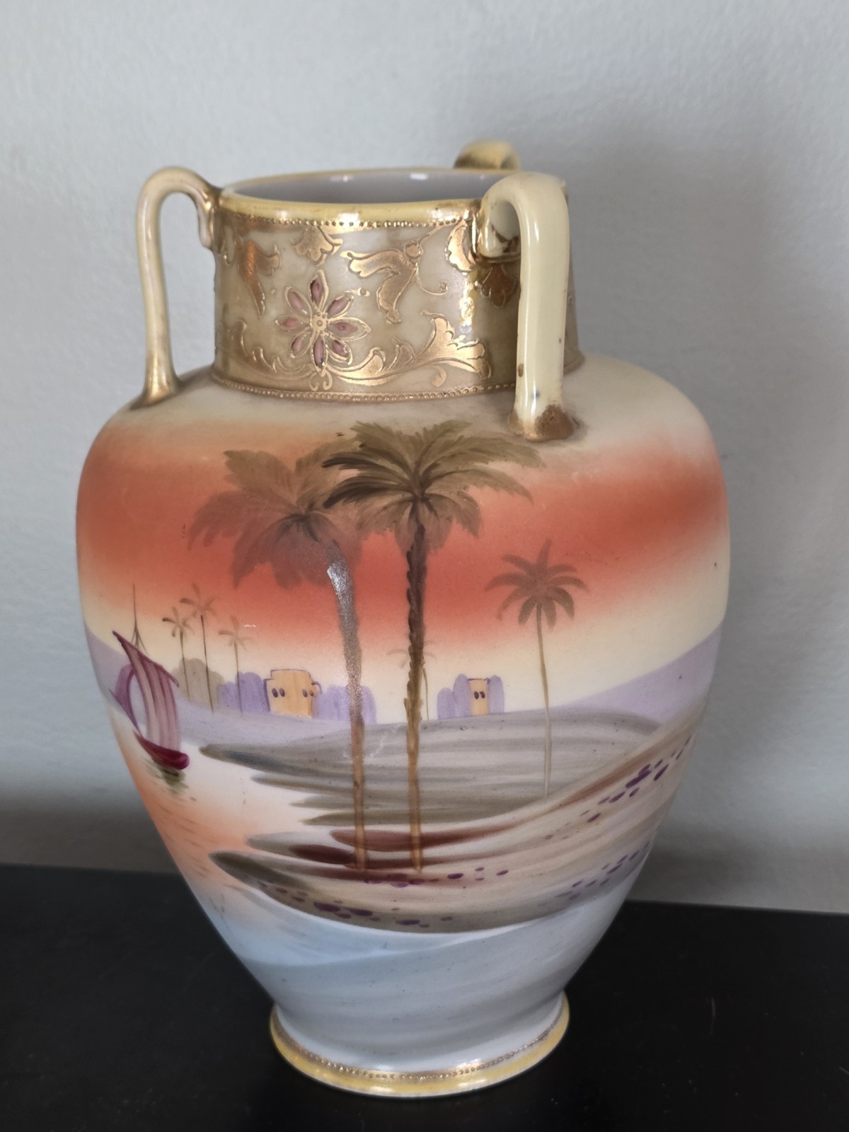 ANTIQUE NIPPON PORCELAIN Amphora VASE WITH 3 HANDLES HARBOR