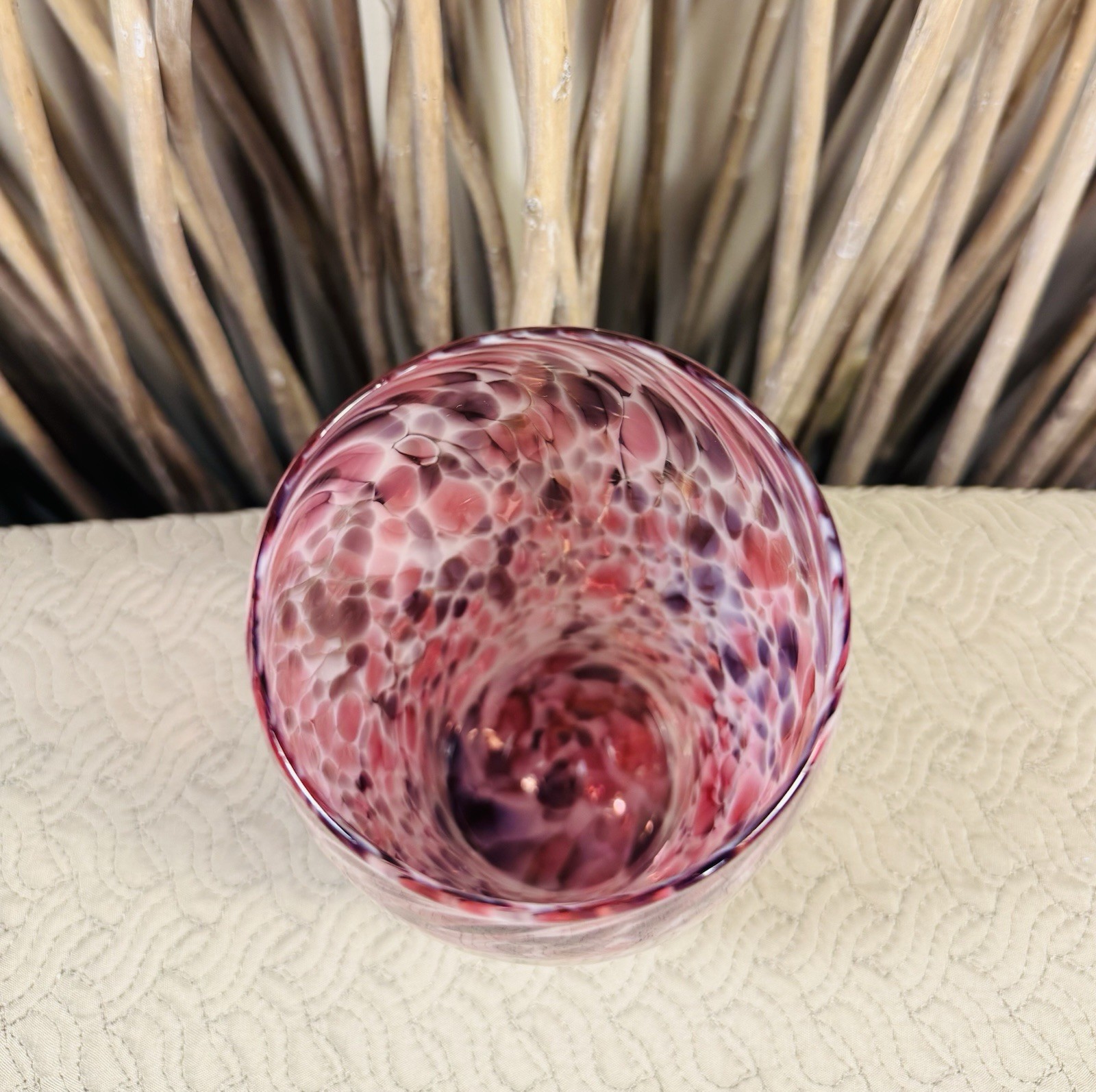 Orbix Hand Blown Frit Vase. Pink/White Vintage