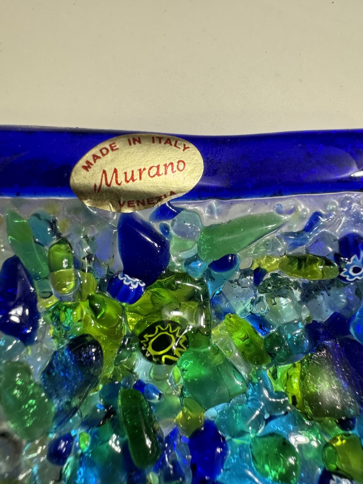 Murano Venetia Hand Fused Millefiori Blue Art Glass Candy Trinket Dish Square