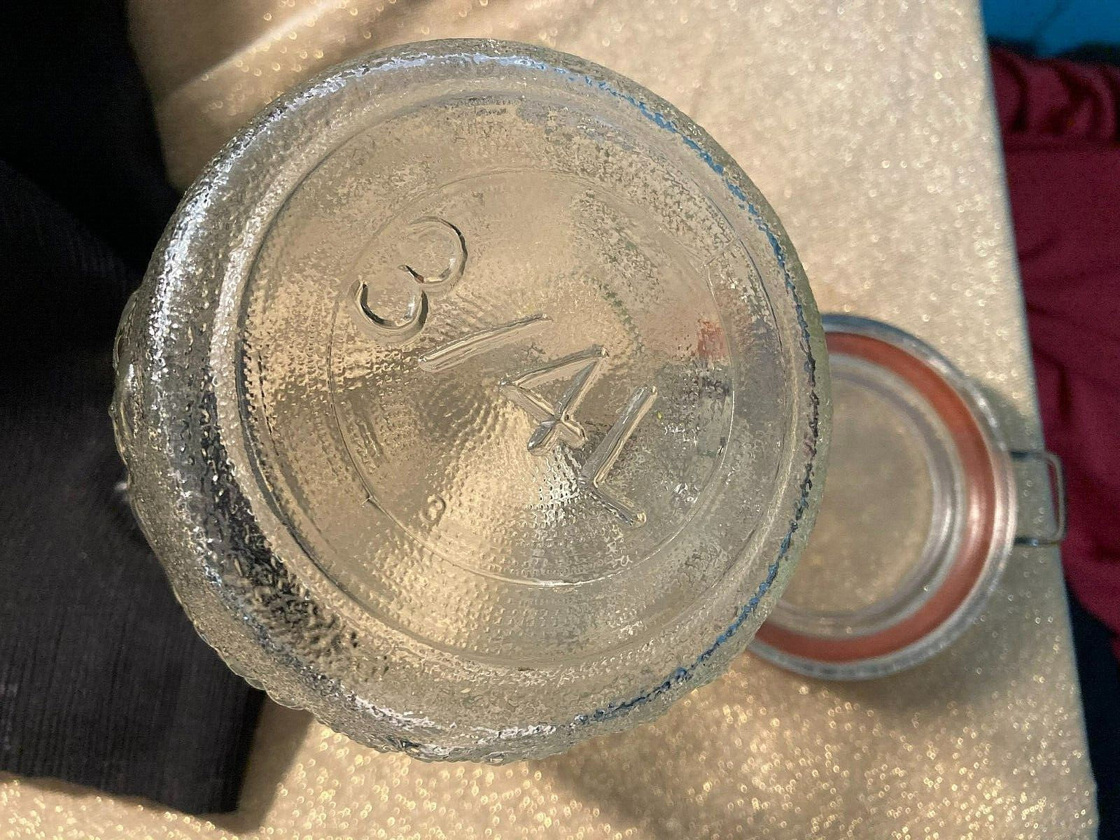 Vintage Clear Glass Decorated Jar/Canister w/ Fruit Pattern w/Original Seal-4×6″
