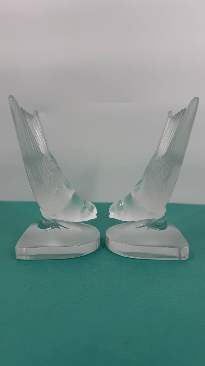 Lalique France Deux Hirondelles Crystal Swallows Bookends Pair Signed