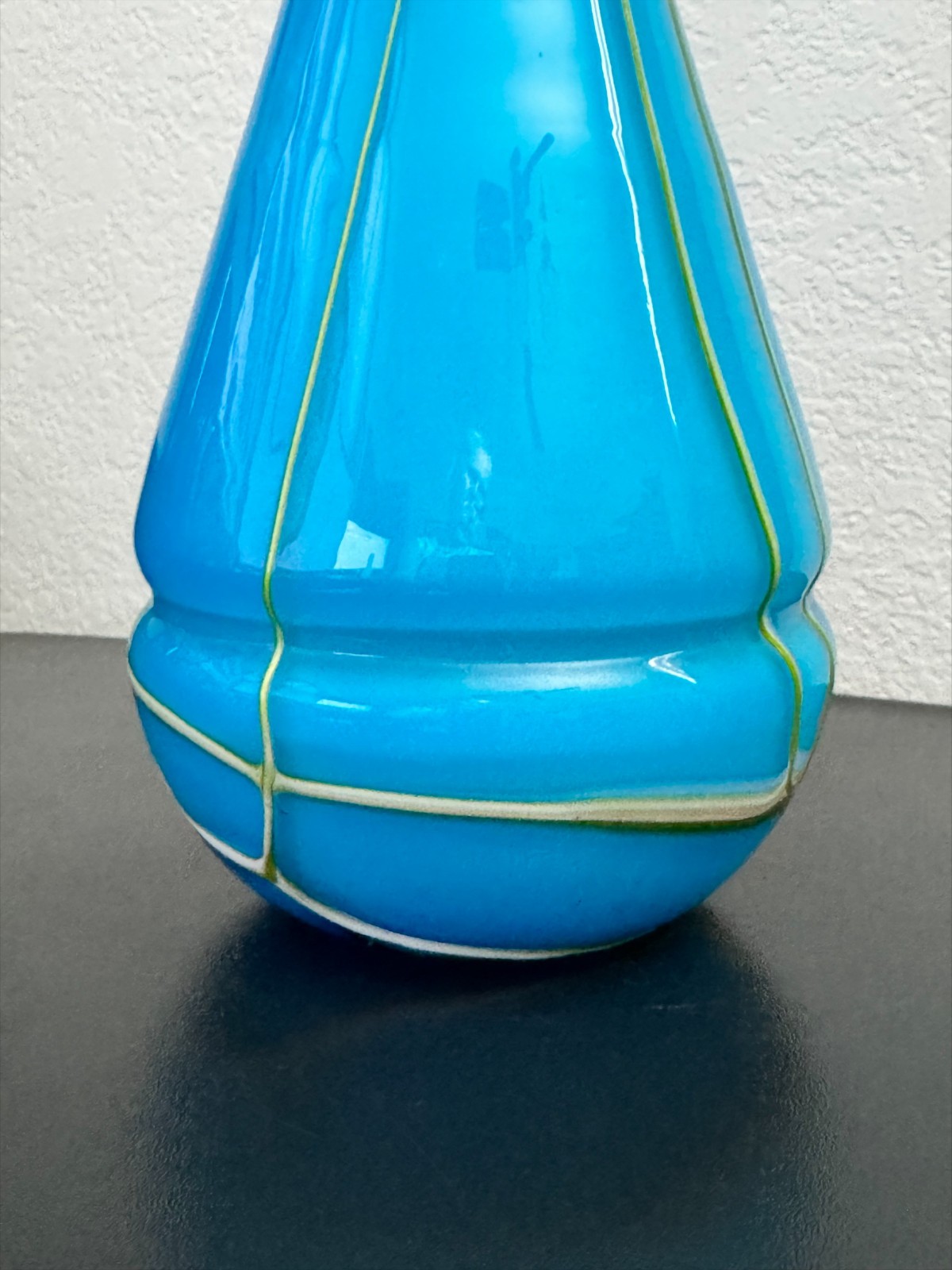 Hand Blown Studio Art Glass Vase Blue Yellow White Ribbon Swirl 15 In Tall