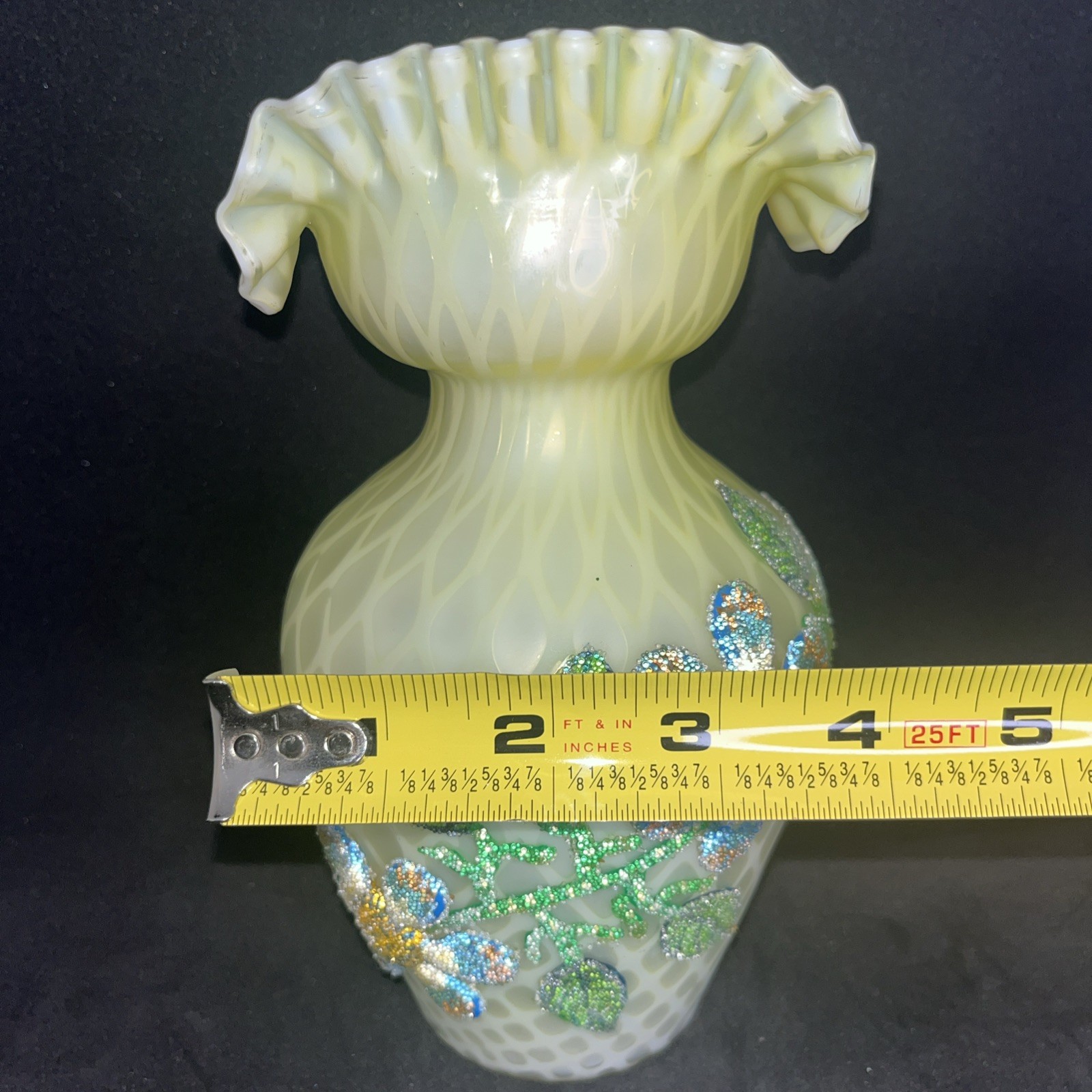 Antique Topaz Opalescent Satin Glass Ruffled Vase Beaded Floral Signed Webb