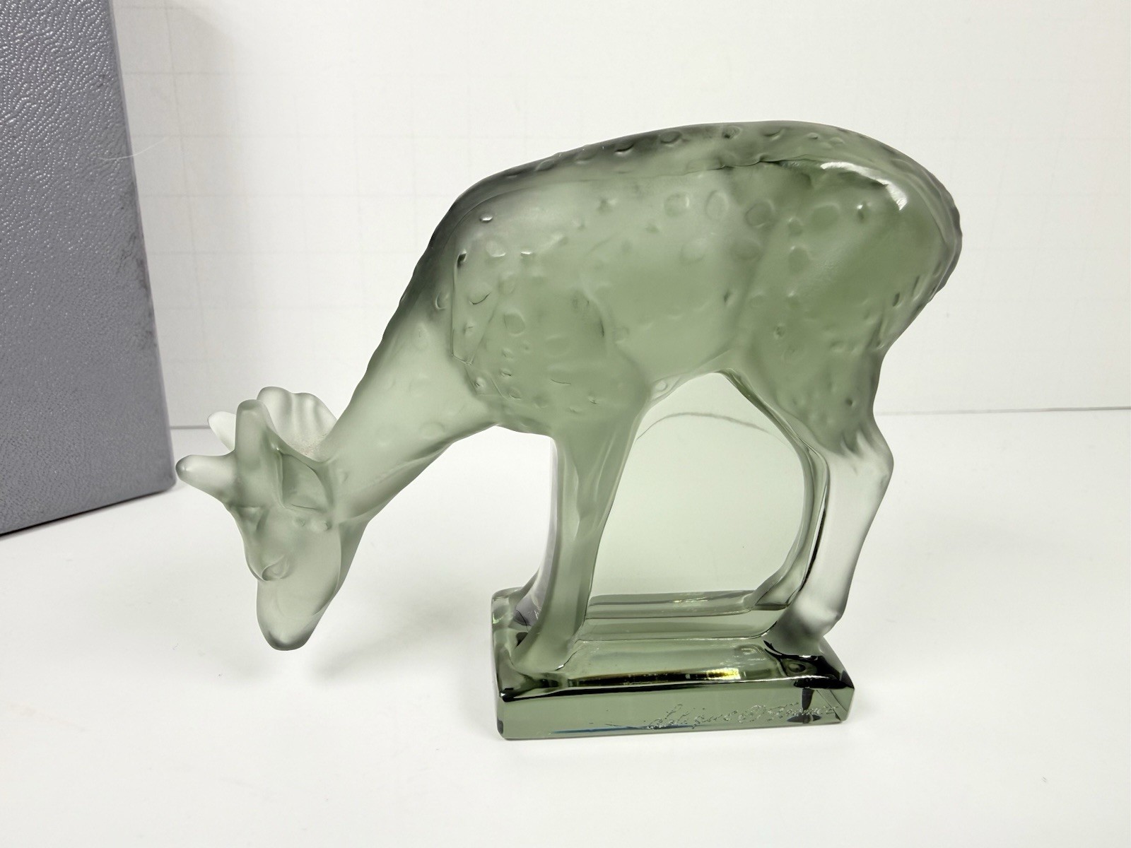 Lalique France Green Grey Crystal Deer Doe Figurine Signed 3” With Box