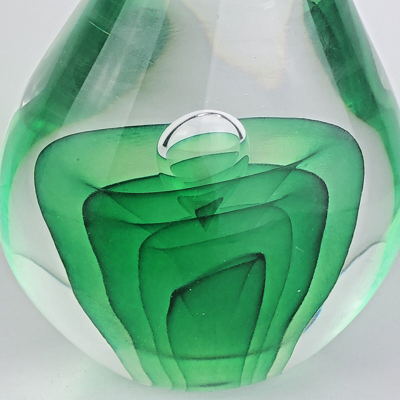9.25in Chris Sherwin Art Glass Green Sommerso Bullicate Teardrop Sculpture
