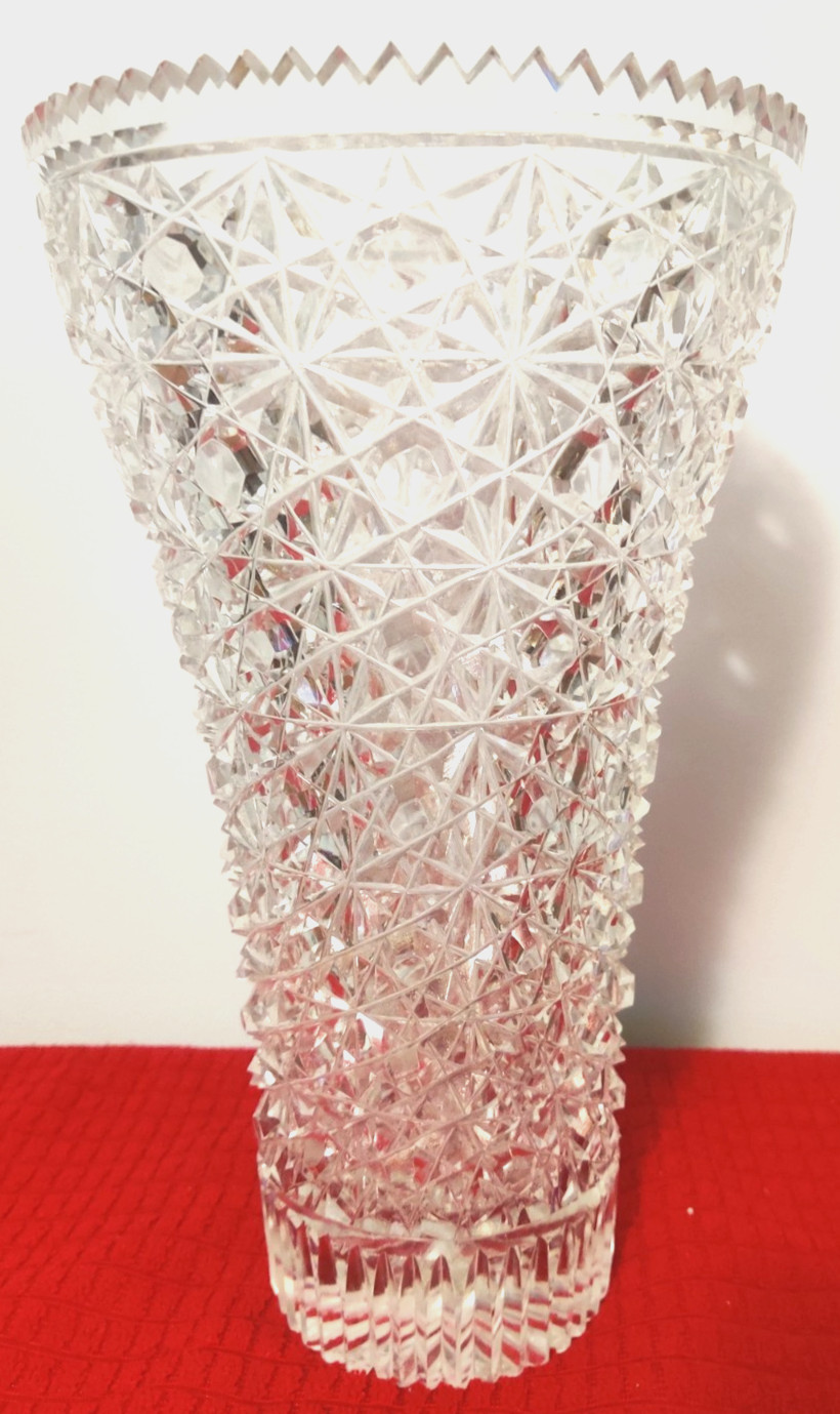 Huge 5lbs.8 oz Vintage CUT Glass 12 inch Daisy and Button Vase Saw Tooth Edge