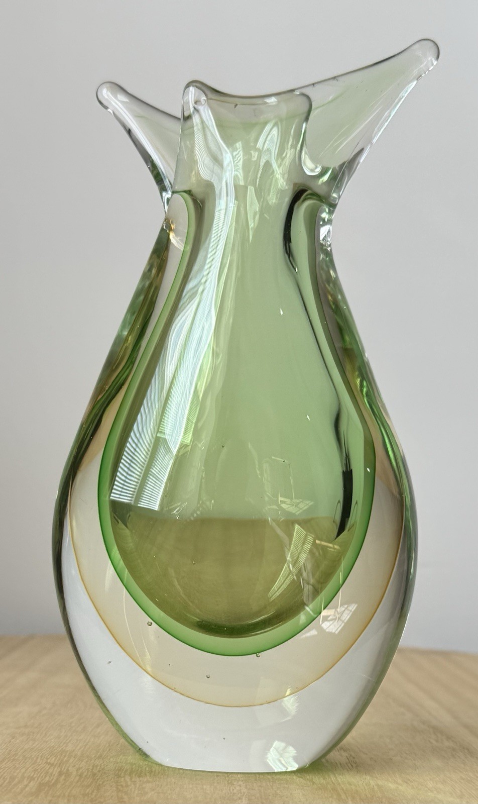 Vintage Murano Sommerso Art Glass Vase Green Amber Clear Split Rim Fishtail